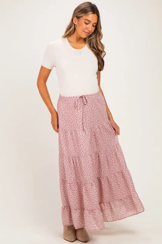 Blush Floral Drawstring Tiered Maternity Maxi Skirt made by BaeVely