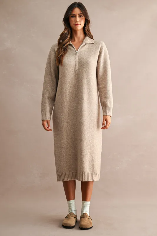 Light Mocha Half-Zip Collar Side Slit Midi Sweater Dress made by MABLE