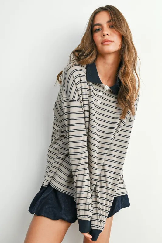 Light Taupe Striped Long Sleeve Polo Top made by Pinkblush