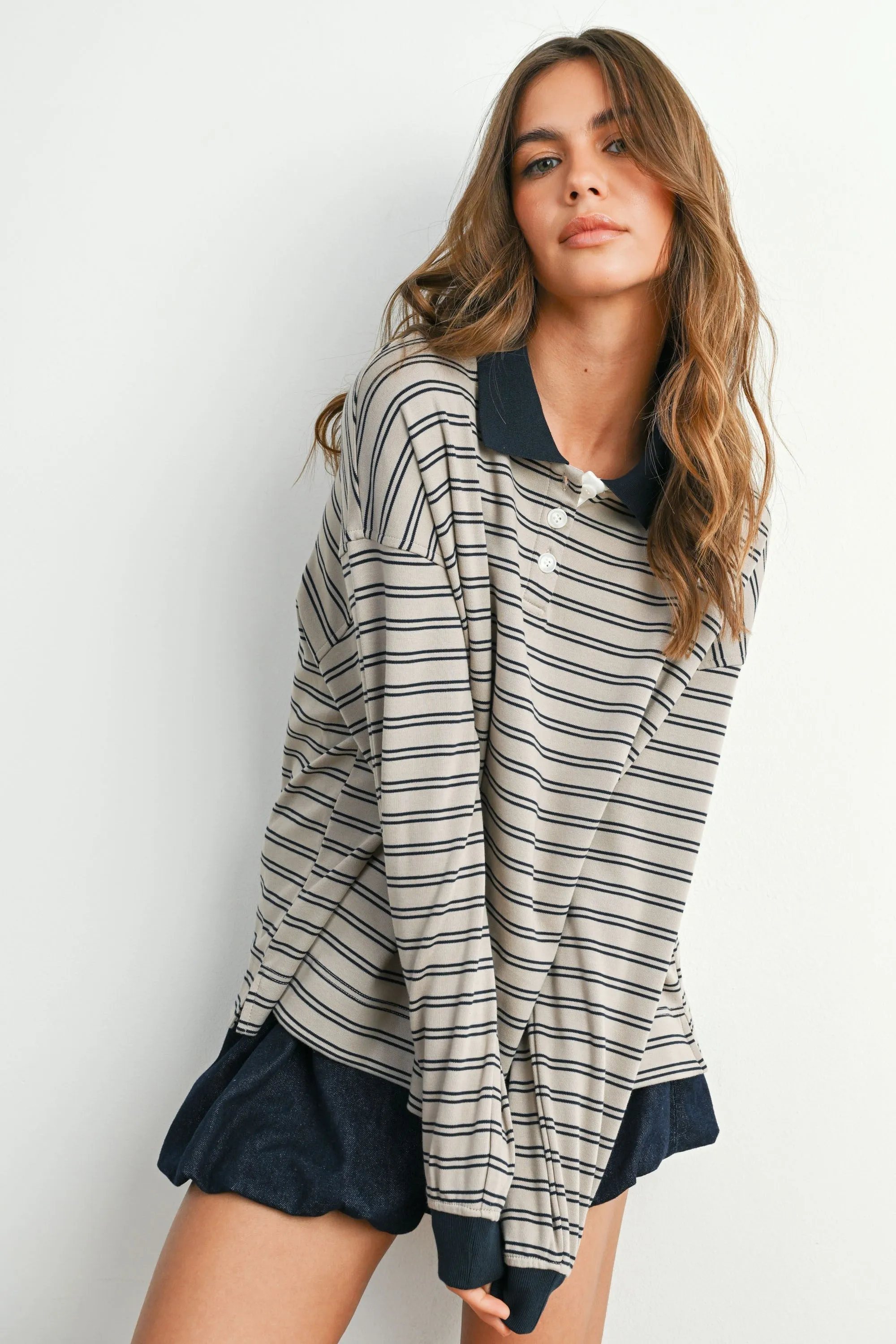 Light Taupe Striped Long Sleeve Polo Top sold by Pinkblush