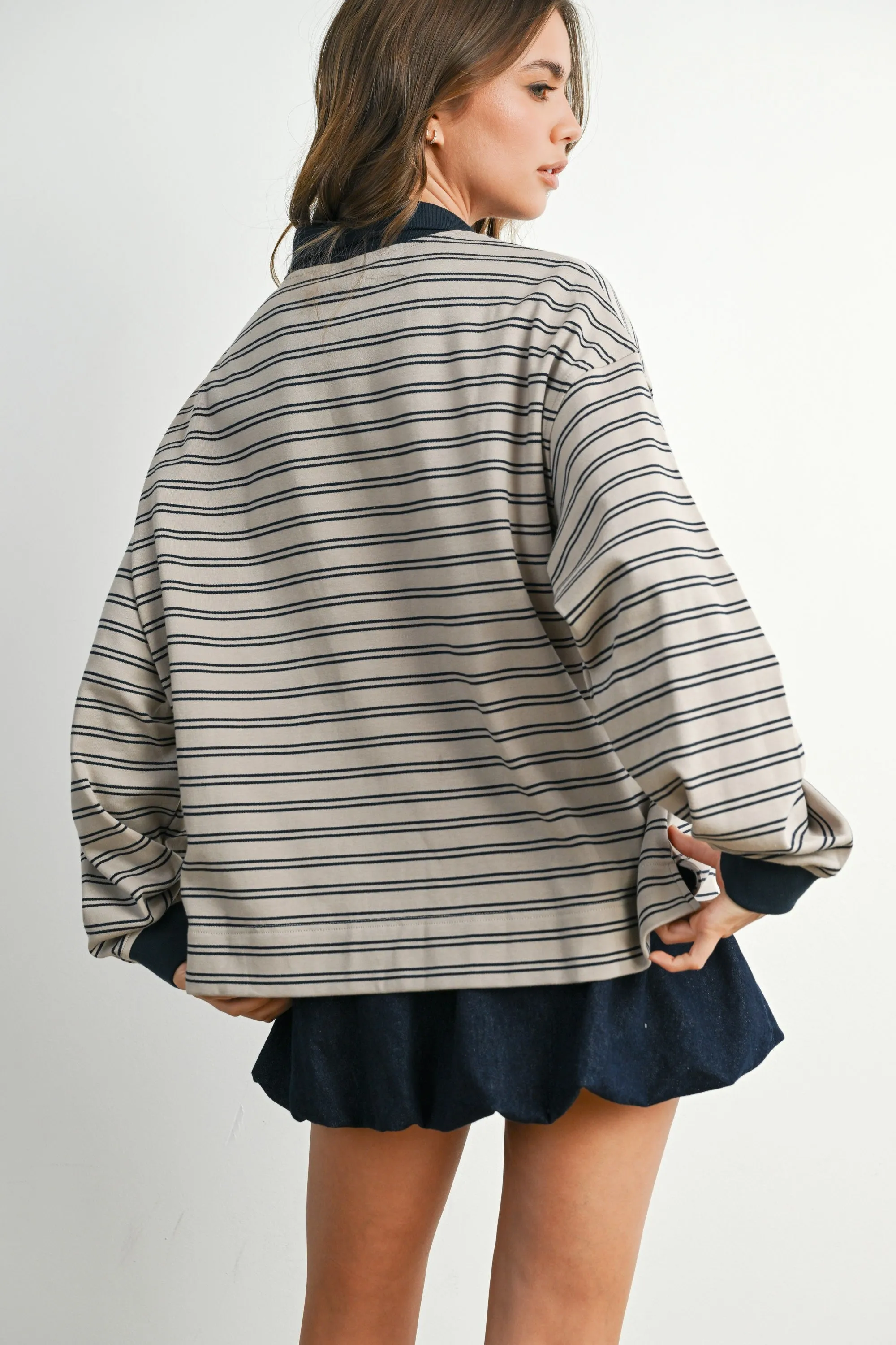 Light Taupe Striped Long Sleeve Polo Top sold by Pinkblush product image thumbnail 3