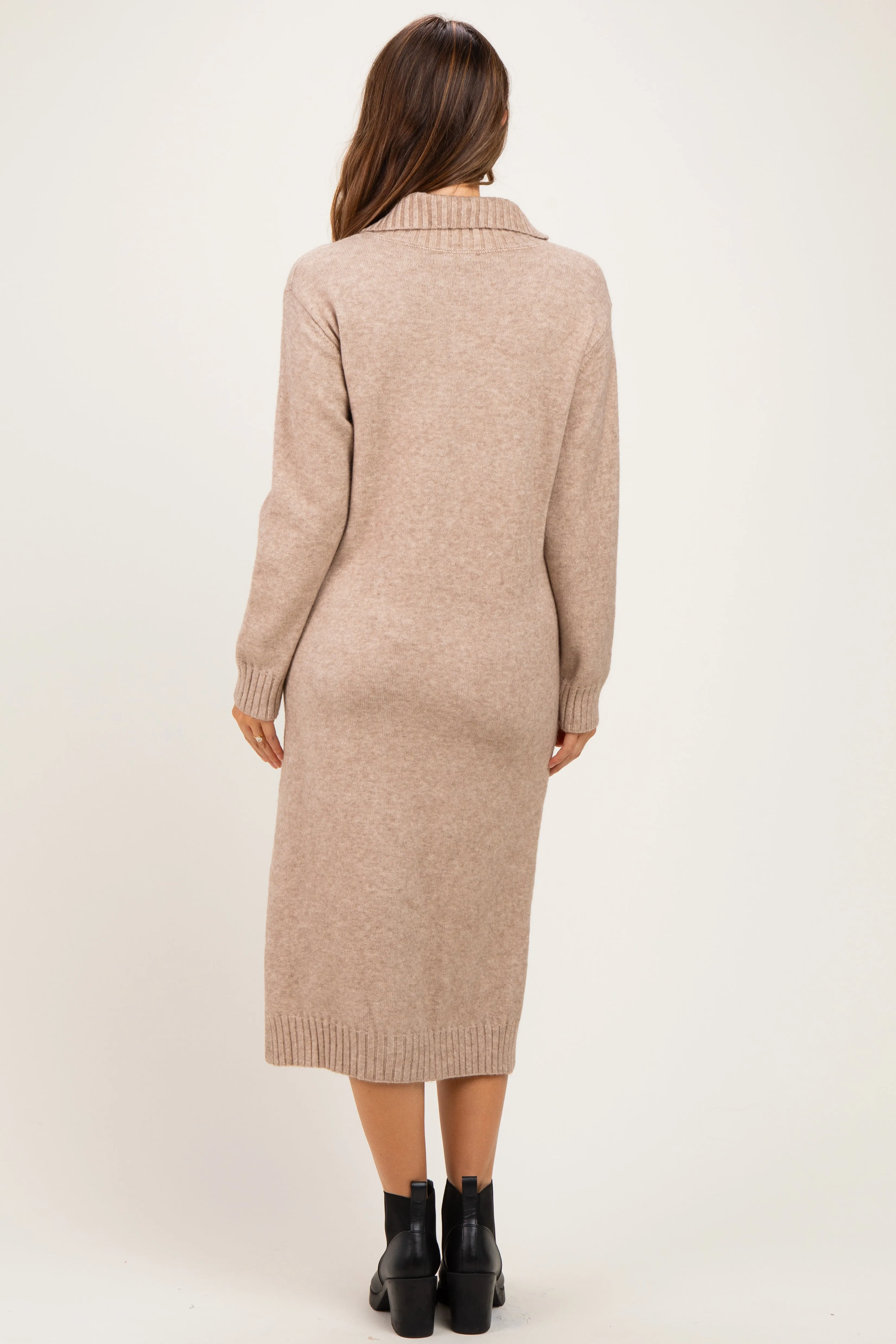 Light Mocha Half-Zip Collar Side Slit Maternity Midi Sweater Dress sold by Pinkblush product image thumbnail 3