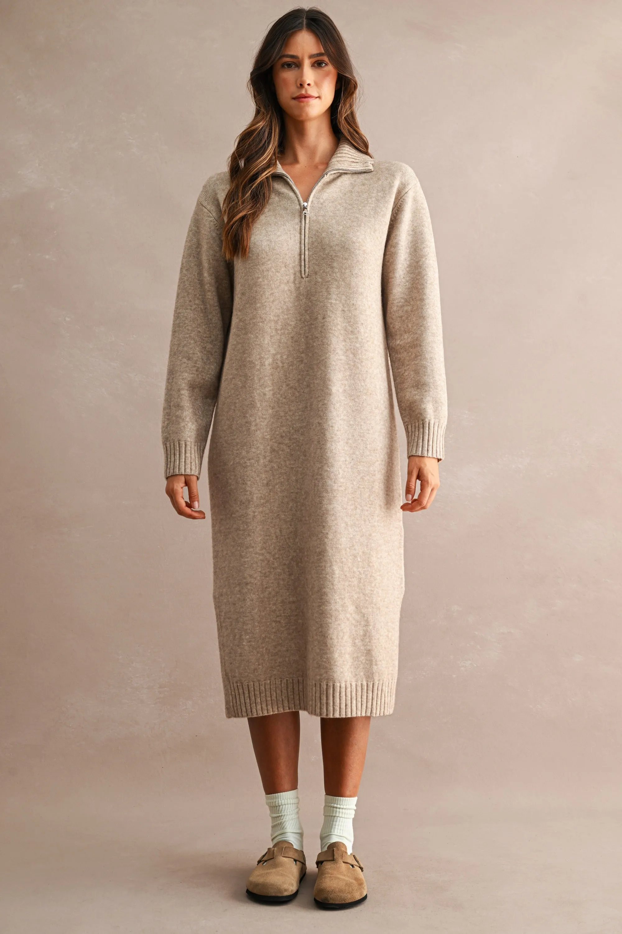 Light Mocha Half-Zip Collar Side Slit Maternity Midi Sweater Dress sold by Pinkblush product image thumbnail 4