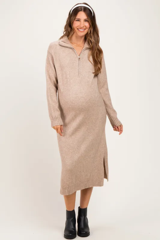 Light Mocha Half-Zip Collar Side Slit Maternity Midi Sweater Dress made by MABLE