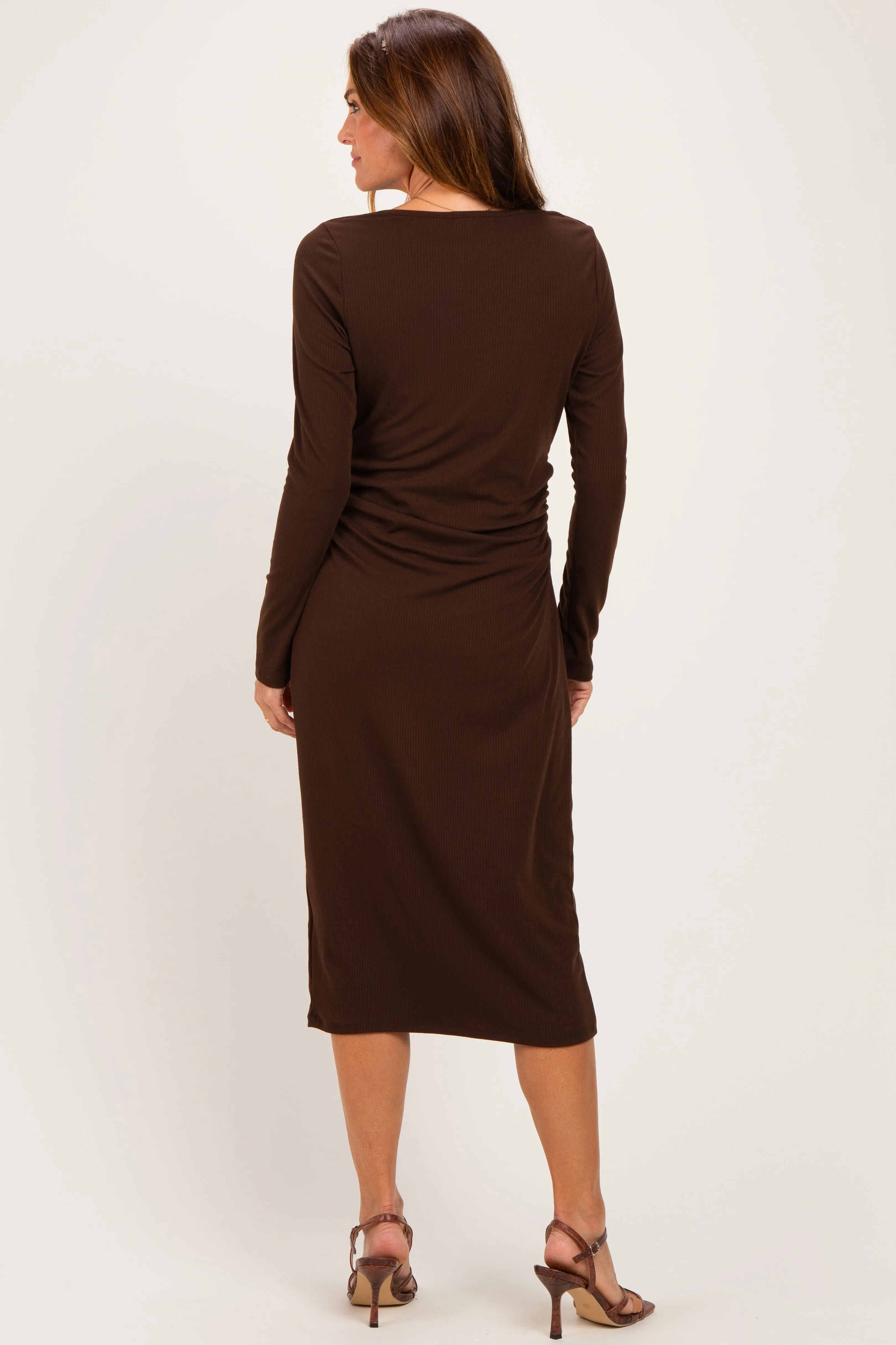 Brown Fitted Long Sleeve Square Neck Midi Dress sold by Pinkblush product image thumbnail 3