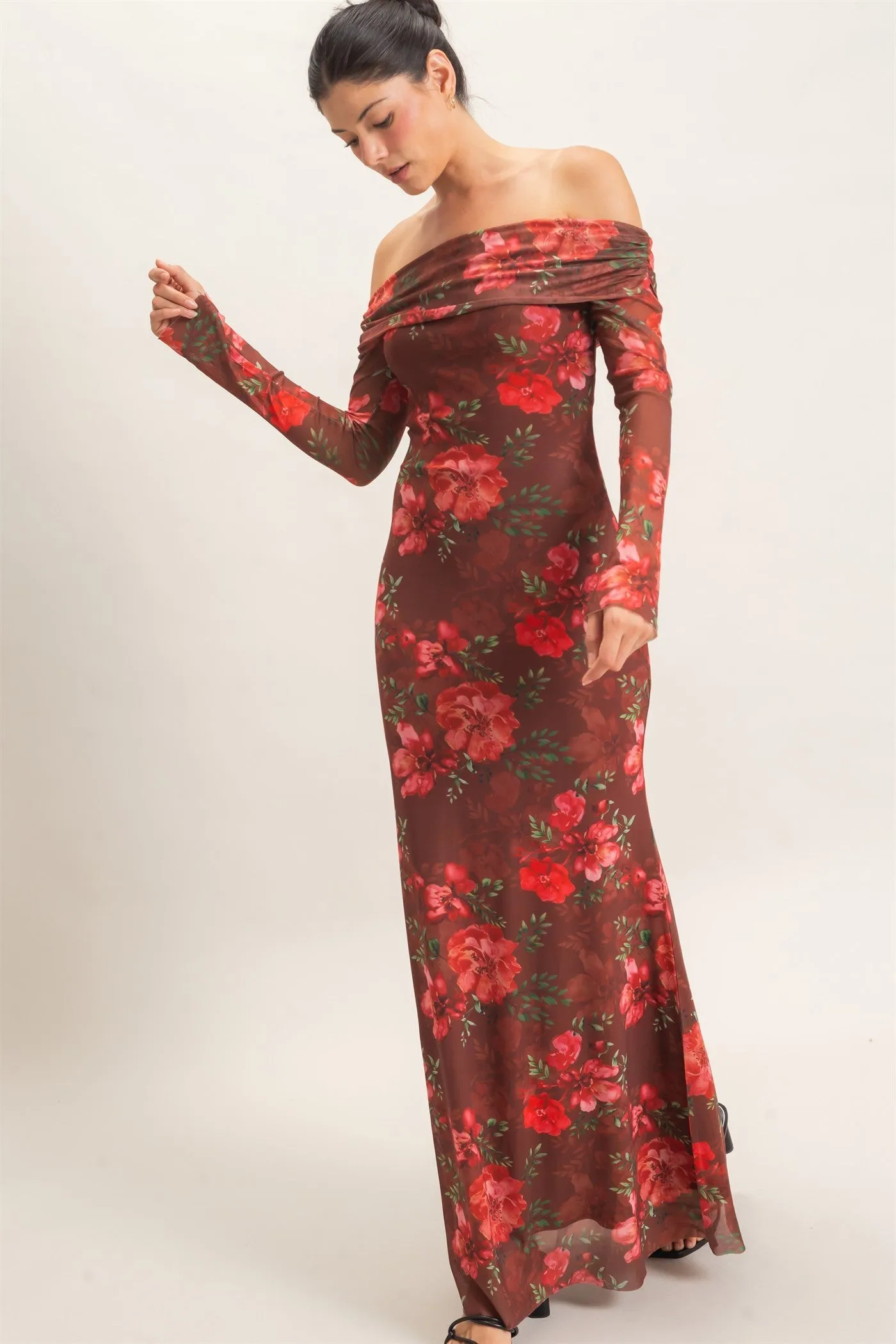 Brown Off Shoulder Floral Mesh Maxi Dress sold by Pinkblush product image thumbnail 2