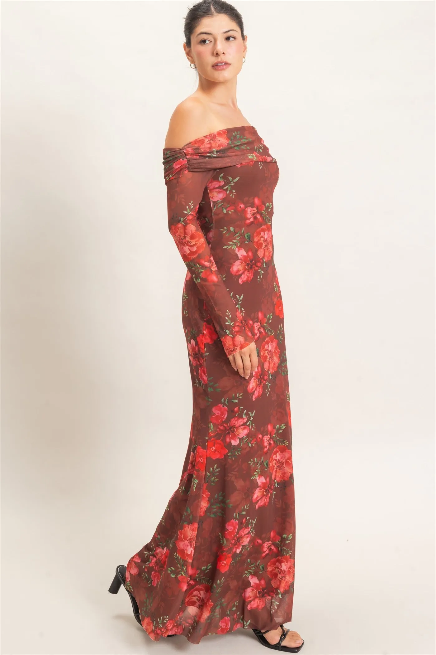 Brown Off Shoulder Floral Mesh Maxi Dress sold by Pinkblush product image thumbnail 3