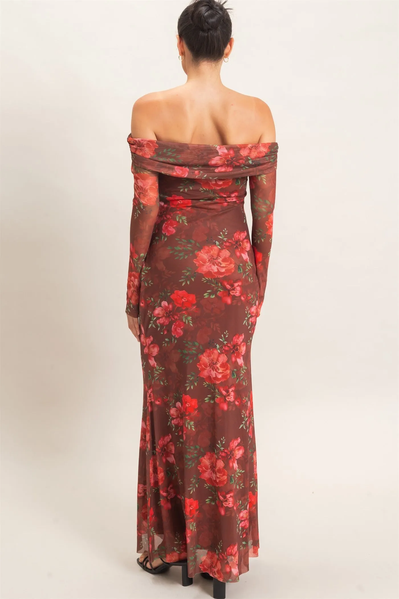 Brown Off Shoulder Floral Mesh Maxi Dress sold by Pinkblush product image thumbnail 4