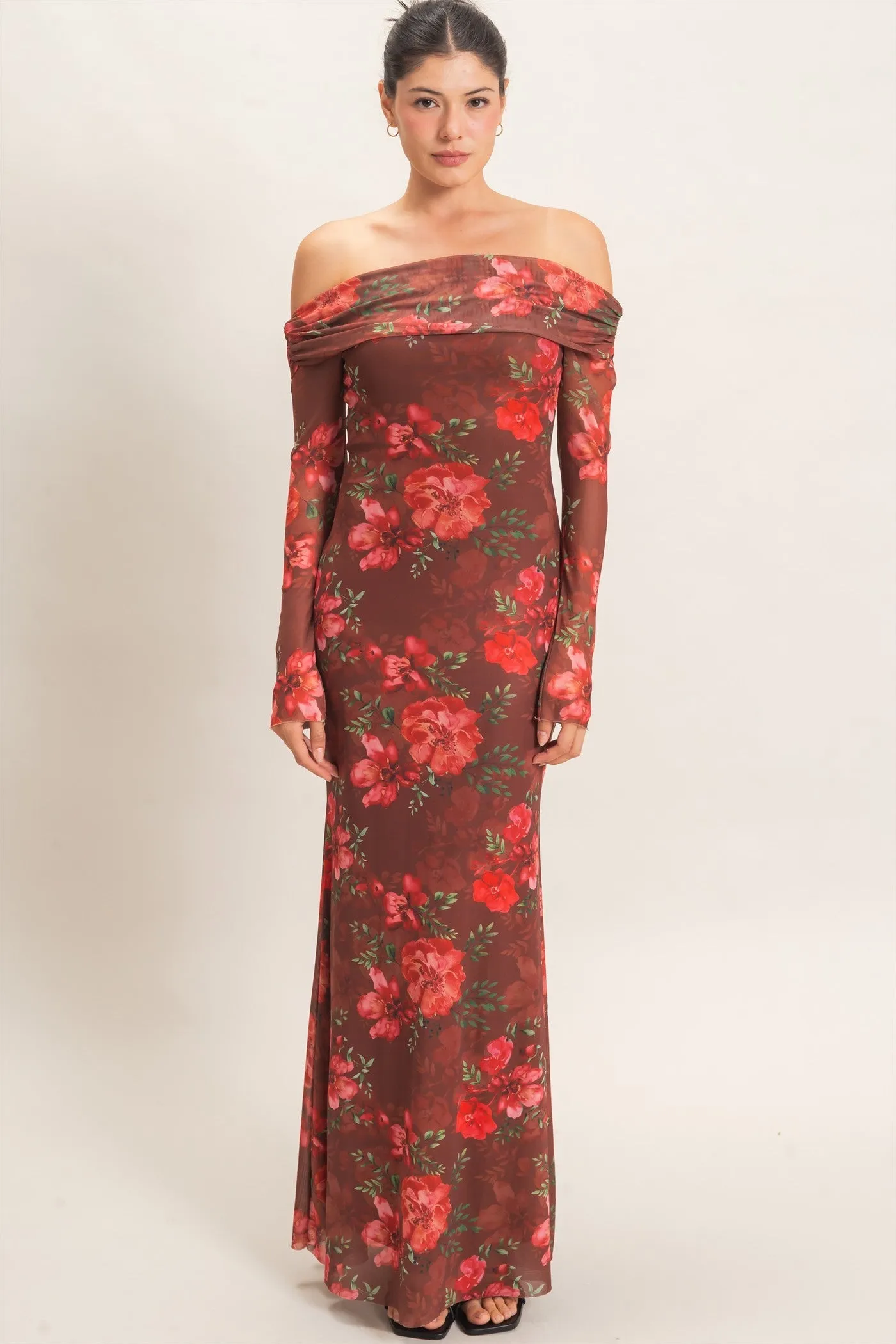 Brown Off Shoulder Floral Mesh Maxi Dress sold by Pinkblush