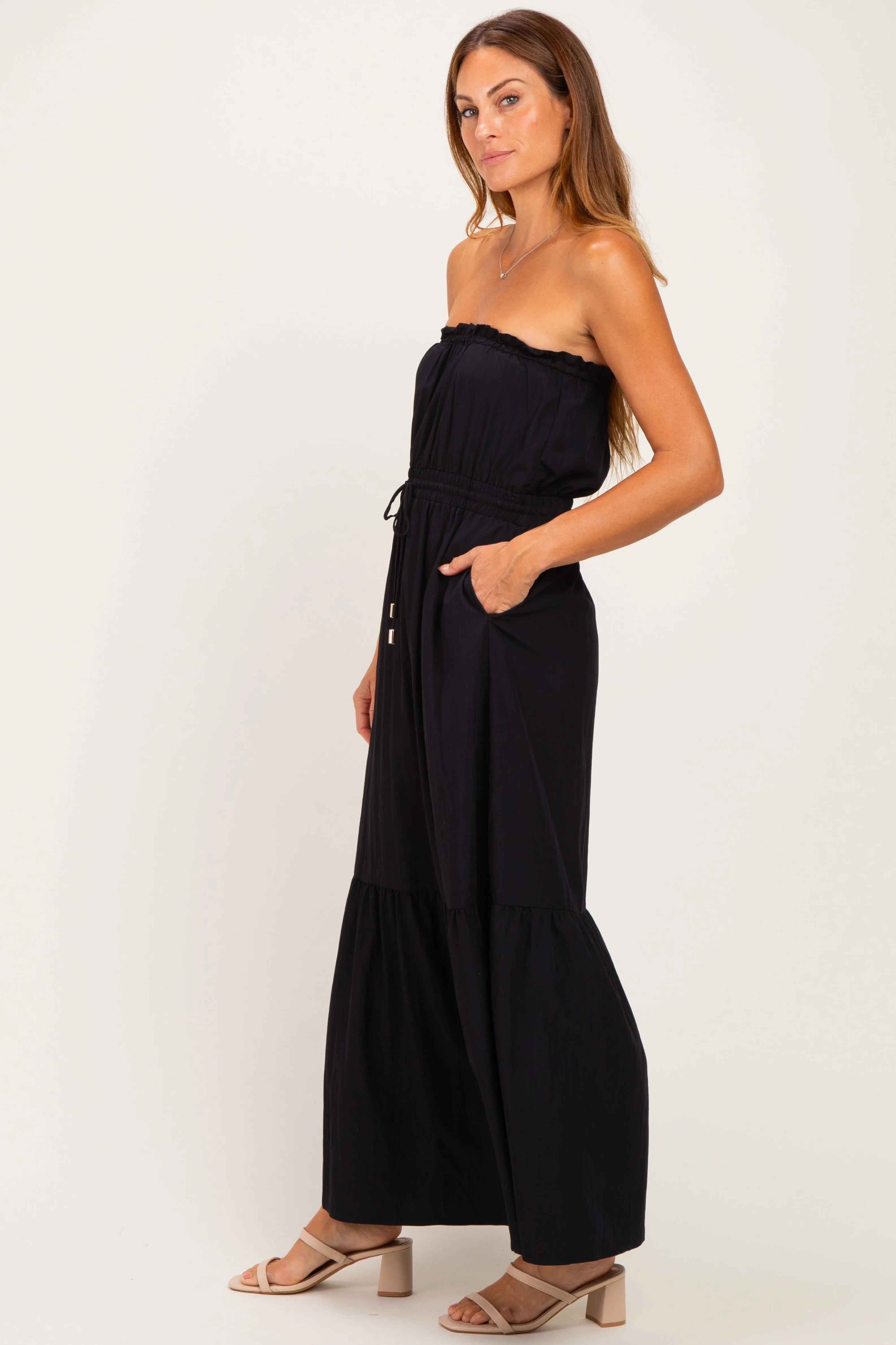 Black Strapless Cinched Waist Tie Maxi Dress sold by Pinkblush product image thumbnail 2