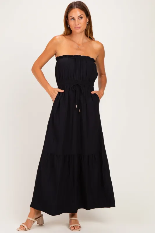 Black Strapless Cinched Waist Tie Maxi Dress made by Naked Zebra