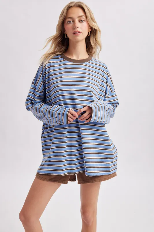 Blue Striped Oversized Crewneck Long Sleeve Top made by Wishlist