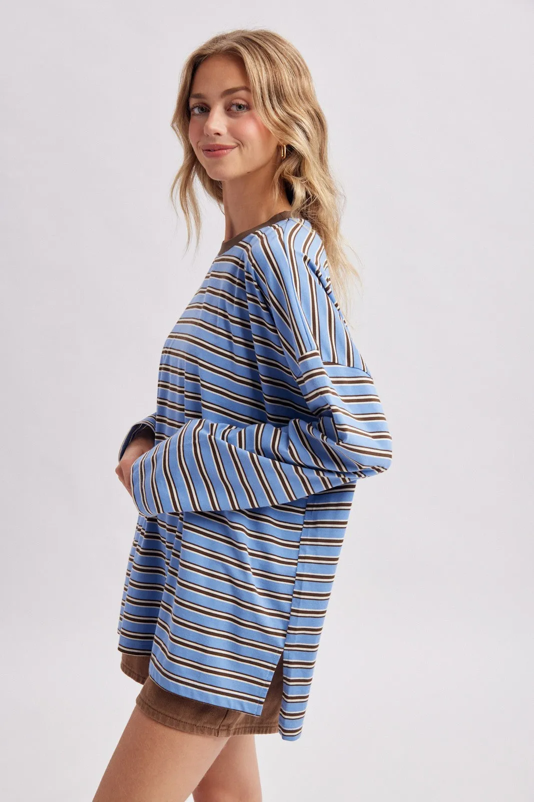 Blue Striped Oversized Crewneck Long Sleeve Top sold by Pinkblush product image thumbnail 2