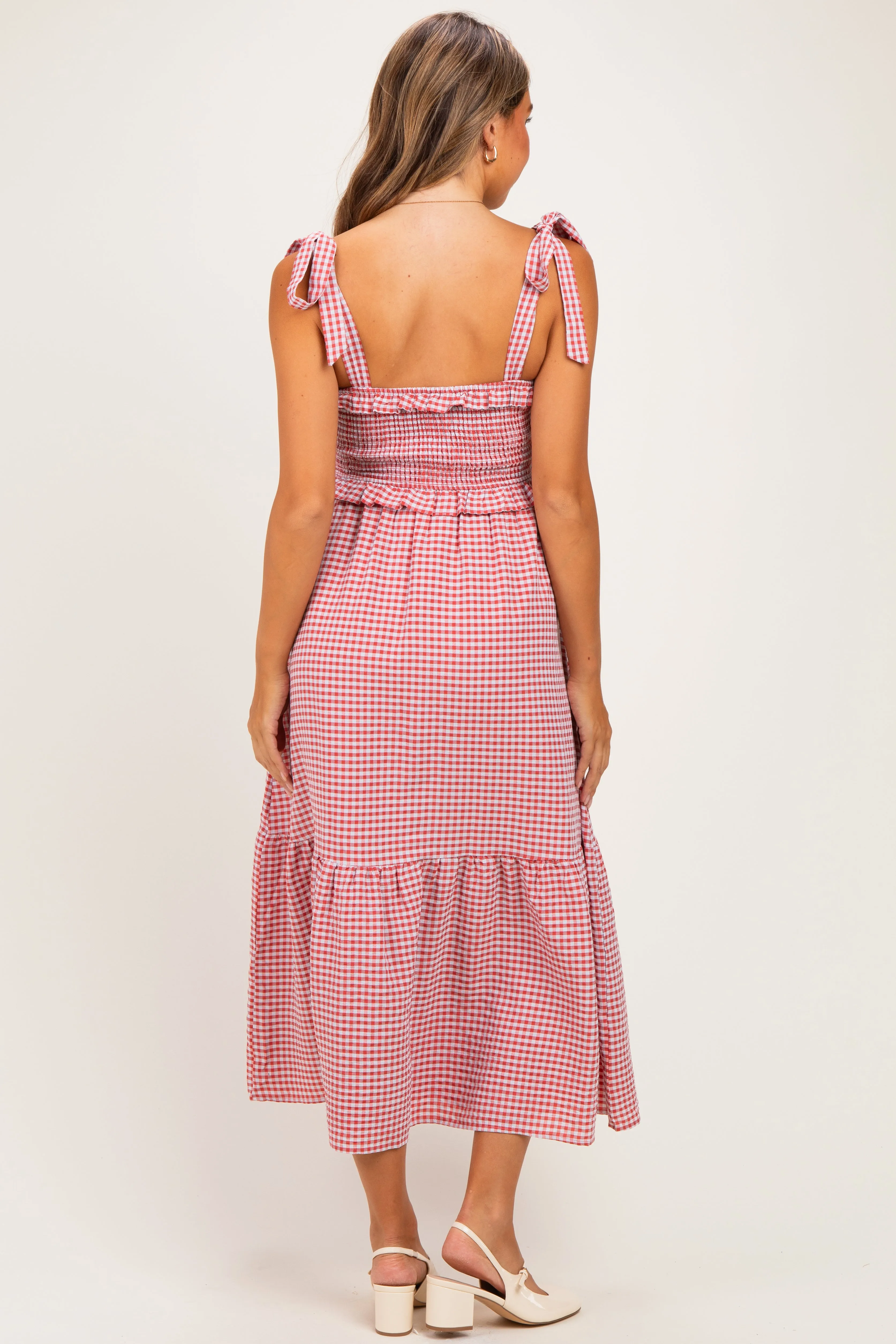 Red Gingham Smocked Shoulder Tie Maternity Midi Dress sold by Pinkblush product image thumbnail 3