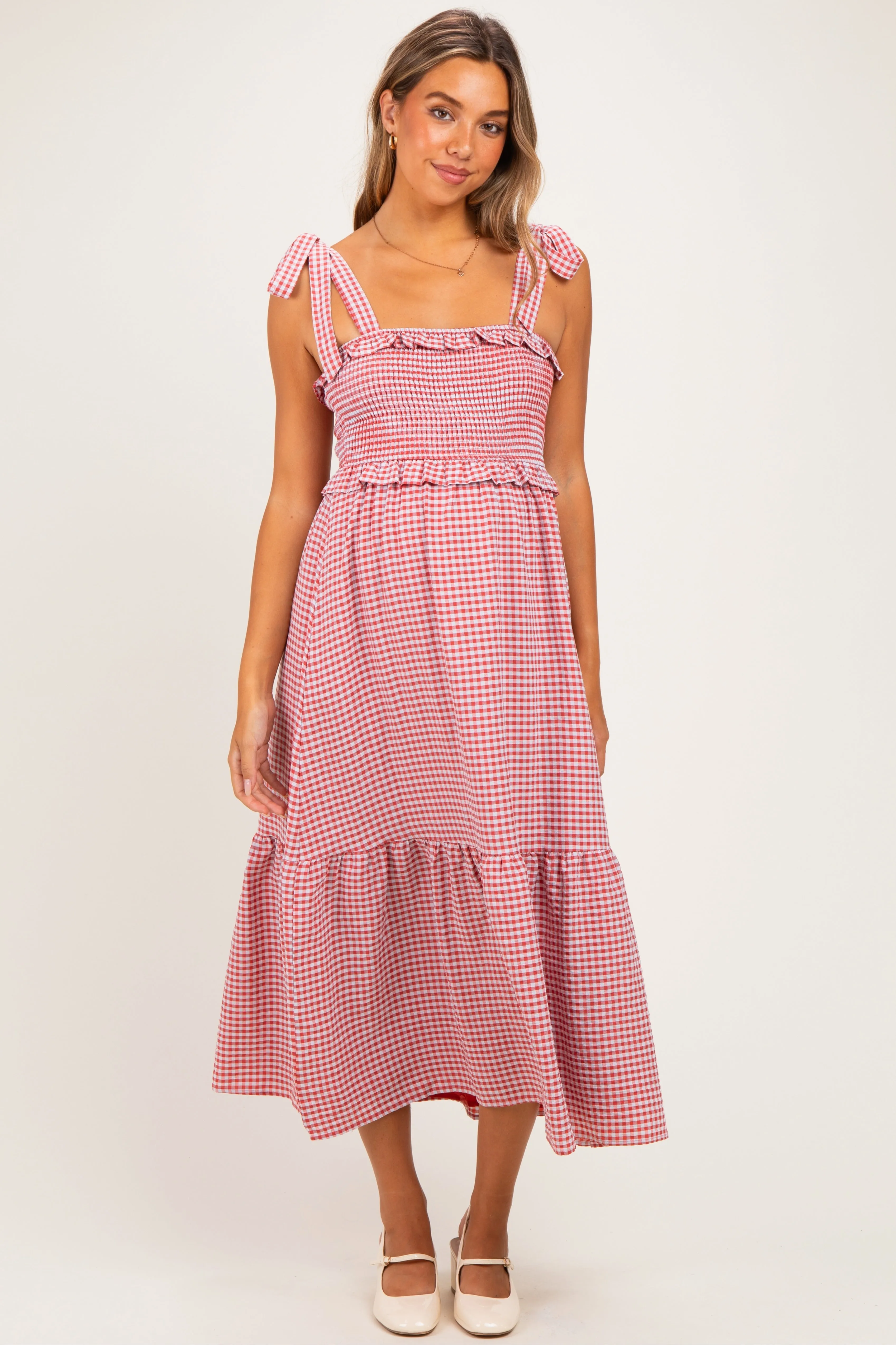 Red Gingham Smocked Shoulder Tie Maternity Midi Dress sold by Pinkblush