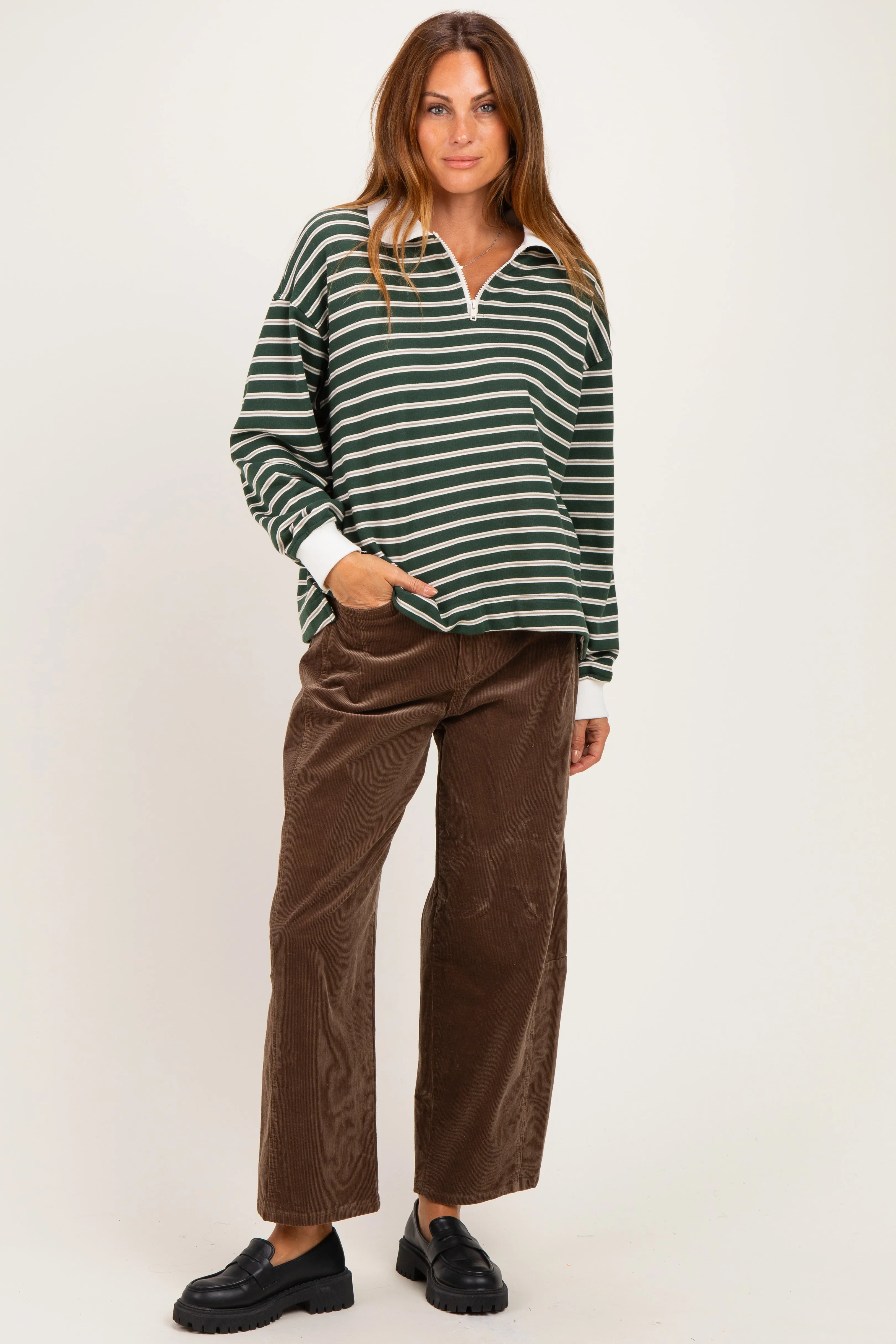 Hunter Green Striped Long Sleeve Polo Shirt sold by Pinkblush product image thumbnail 3
