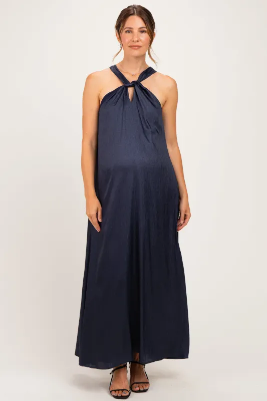 Navy Halter Back Bow Tie Maternity Maxi Dress made by Lalavon