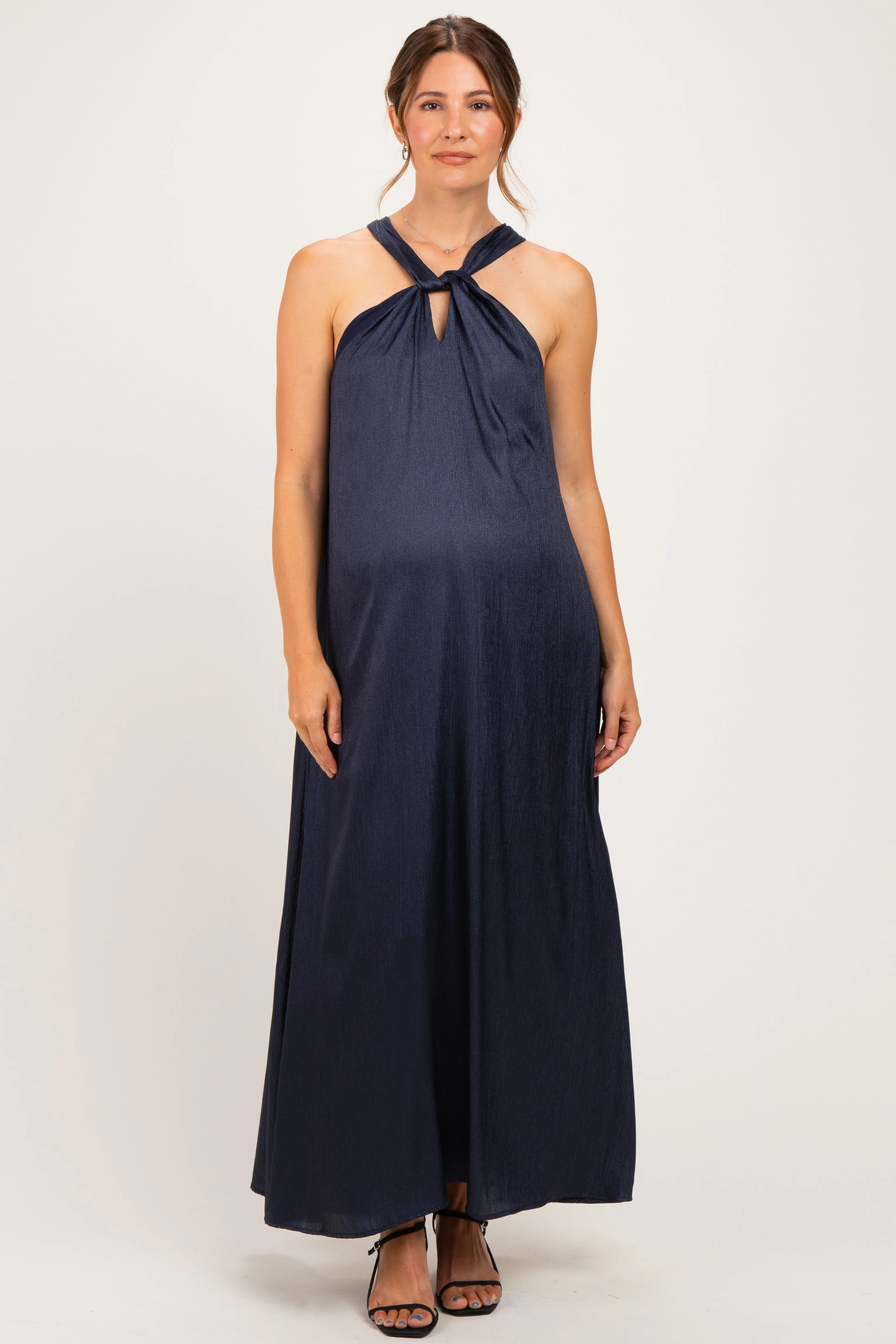 Navy Halter Back Bow Tie Maternity Maxi Dress sold by Pinkblush