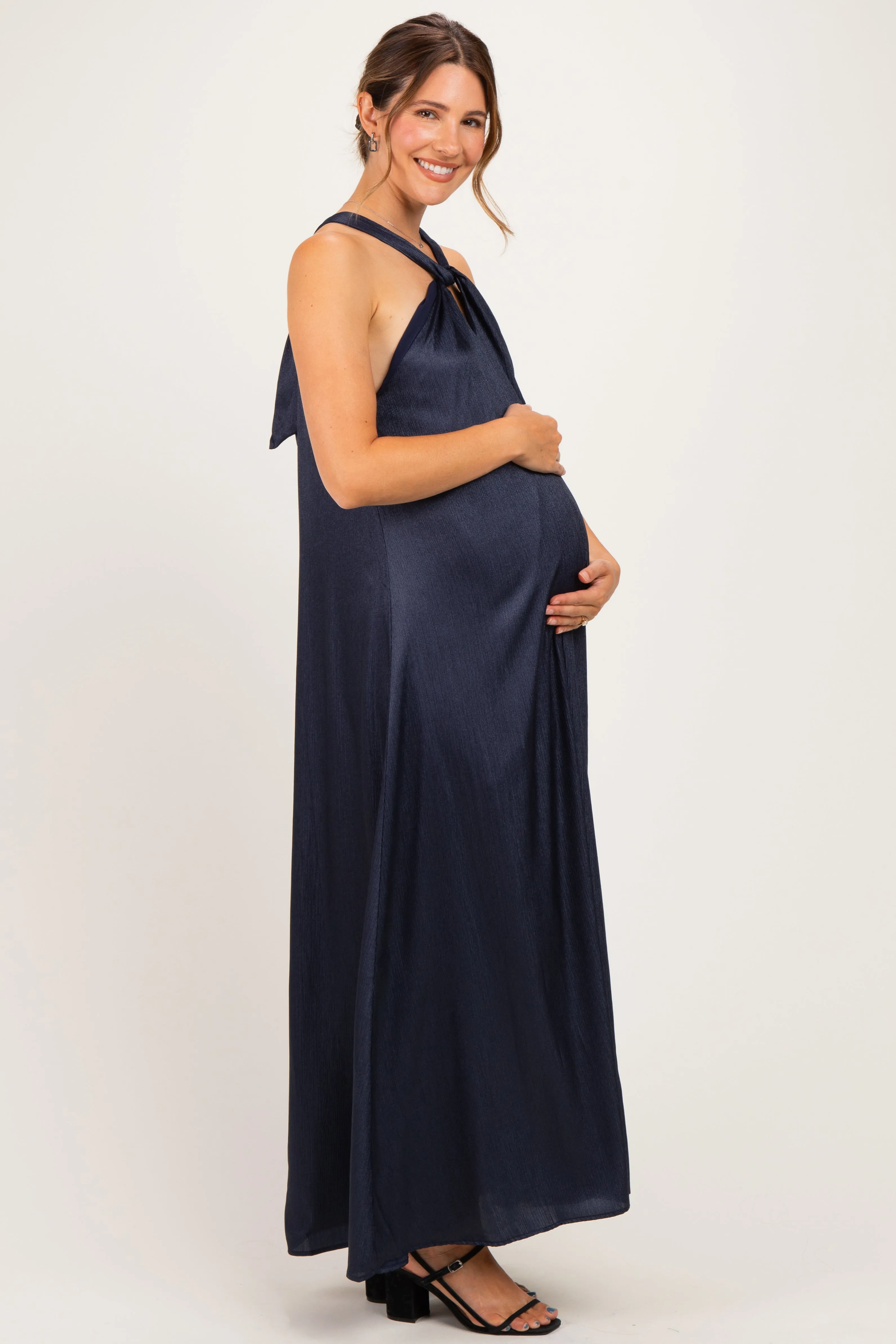 Navy Halter Back Bow Tie Maternity Maxi Dress sold by Pinkblush product image thumbnail 2