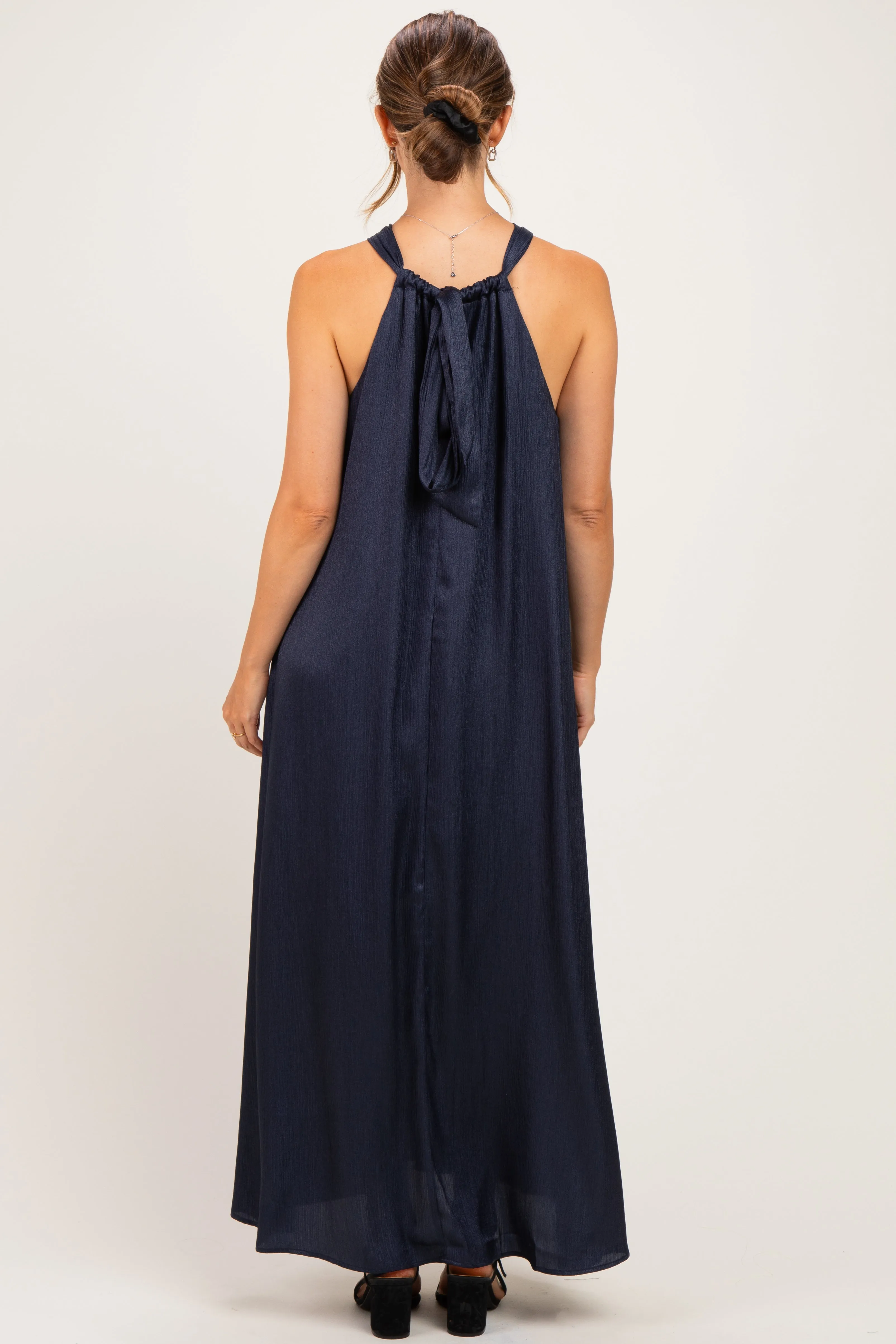 Navy Halter Back Bow Tie Maternity Maxi Dress sold by Pinkblush product image thumbnail 3