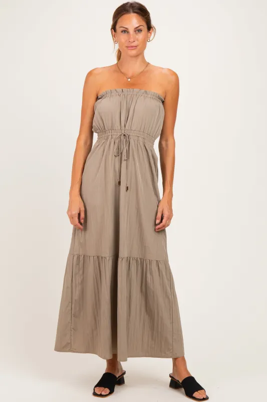 Taupe Strapless Cinched Waist Tie Maxi Dress made by Naked Zebra