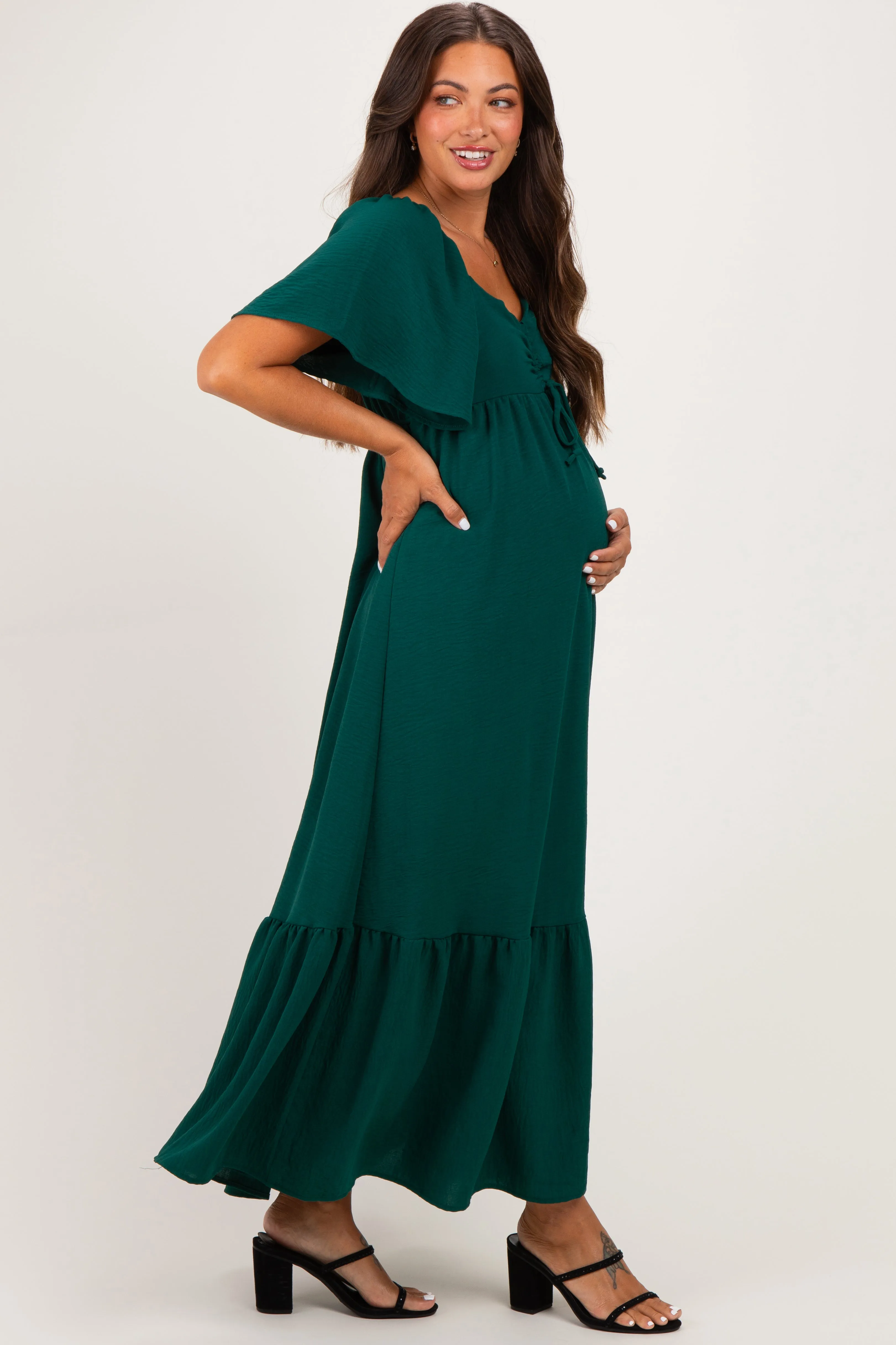 Hunter Green Flutter Sleeve Ruffle Hem Maternity Maxi Dress sold by Pinkblush product image thumbnail 2