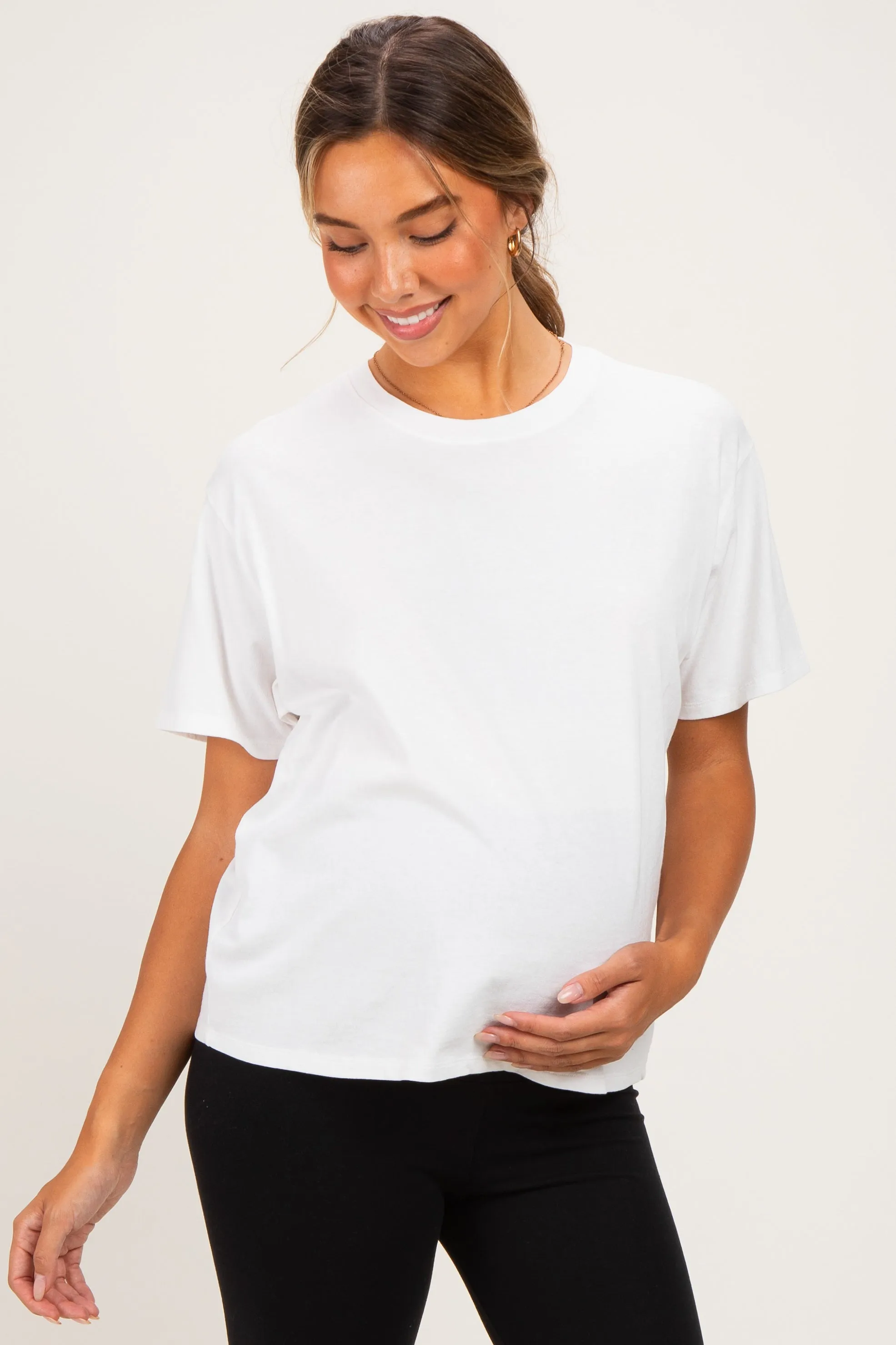 White Maternity Crew Neck T-Shirt sold by Pinkblush