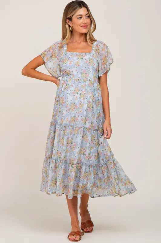 Light Blue Floral Chiffon Tiered Maternity Midi Dress sold by Pinkblush