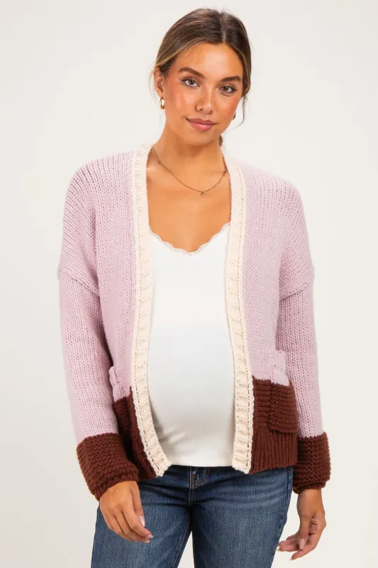 Pink Colorblock Chunky Knit Maternity Cardigan made by Wishlist