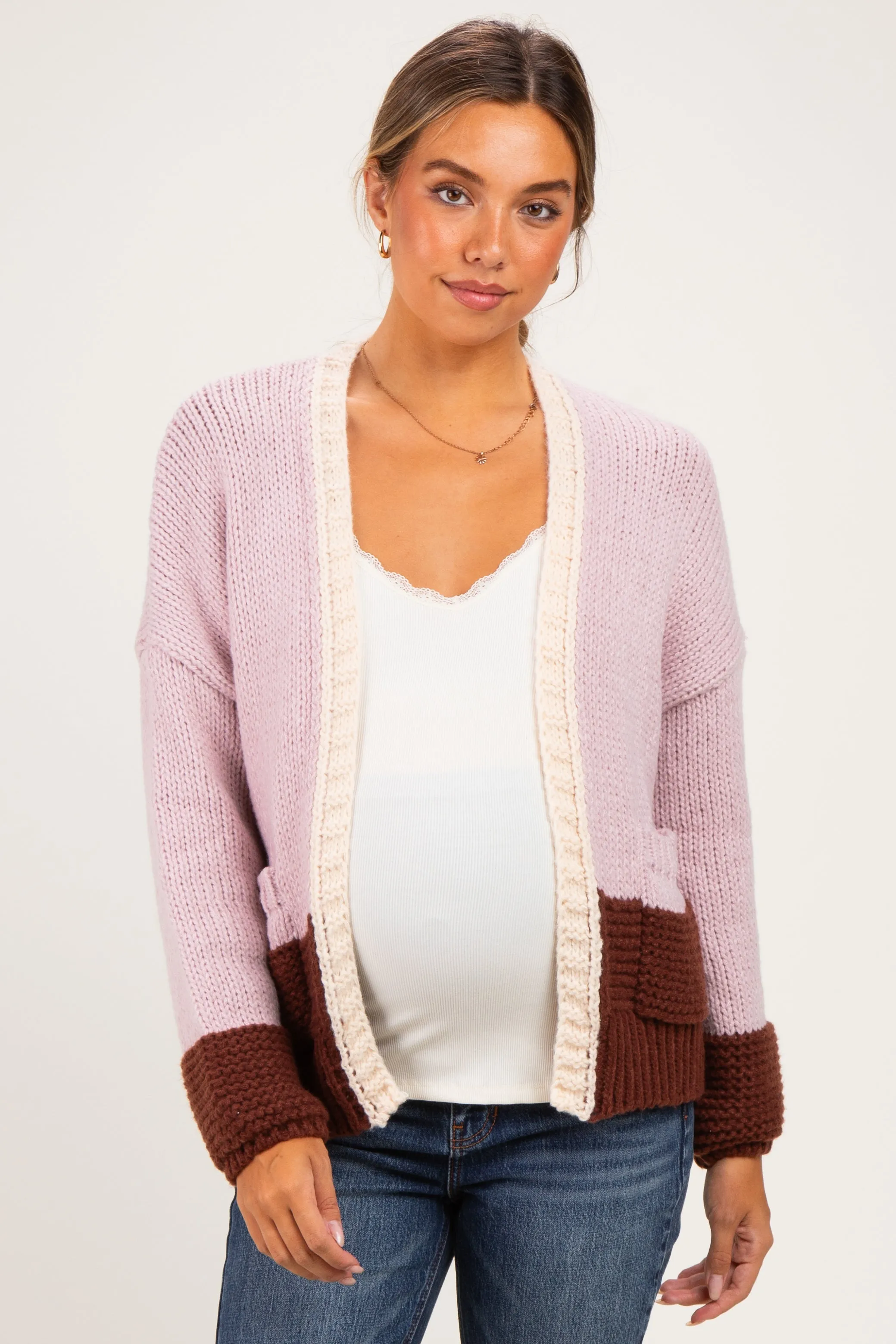 Pink Colorblock Chunky Knit Maternity Cardigan sold by Pinkblush