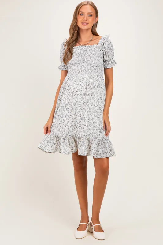 Cream Floral Smocked Puff Sleeve Maternity Dress made by Pinkblush