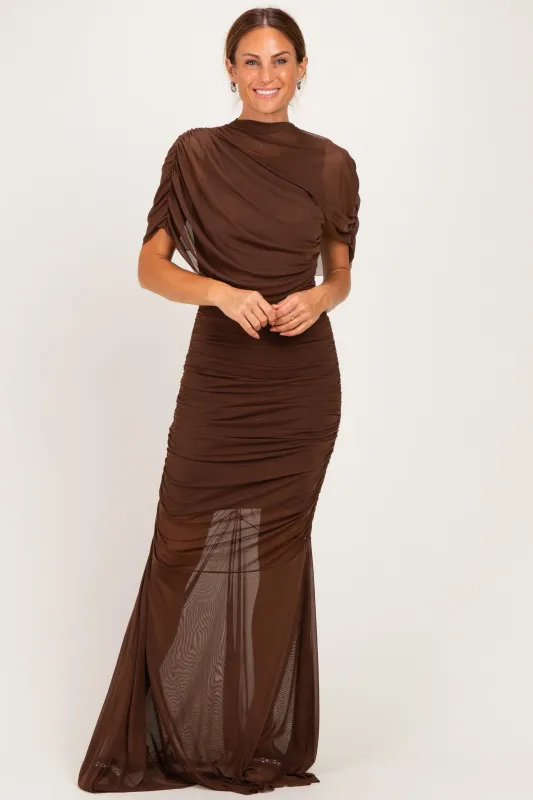 Brown Draped Bodice Ruched Mesh Maxi Dress made by Fore Collection