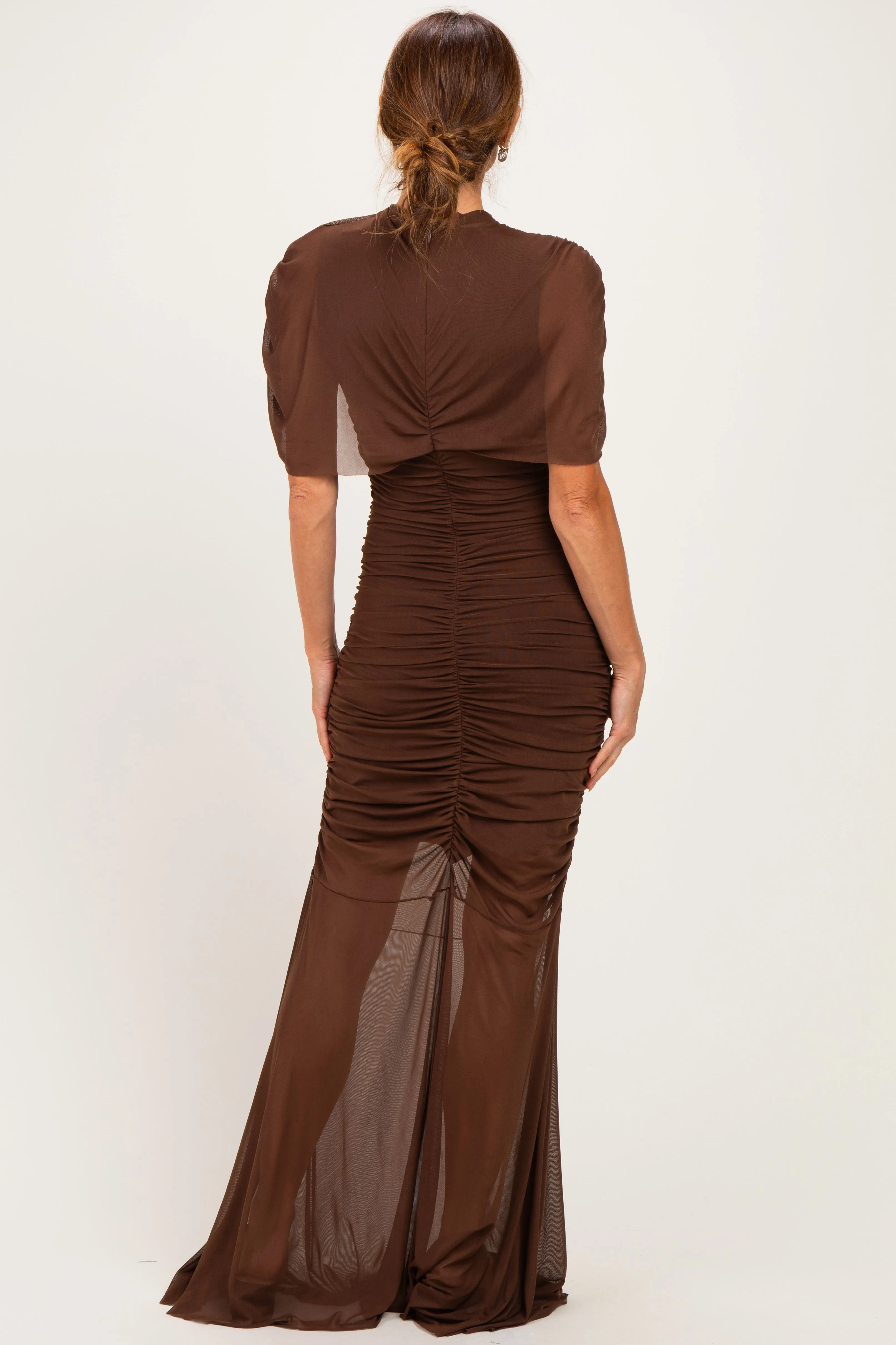 Brown Draped Bodice Ruched Mesh Maxi Dress sold by Pinkblush product image thumbnail 3