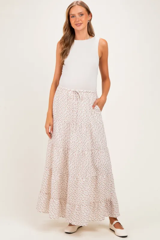 Cream Floral Drawstring Tiered Maternity Maxi Skirt made by BaeVely