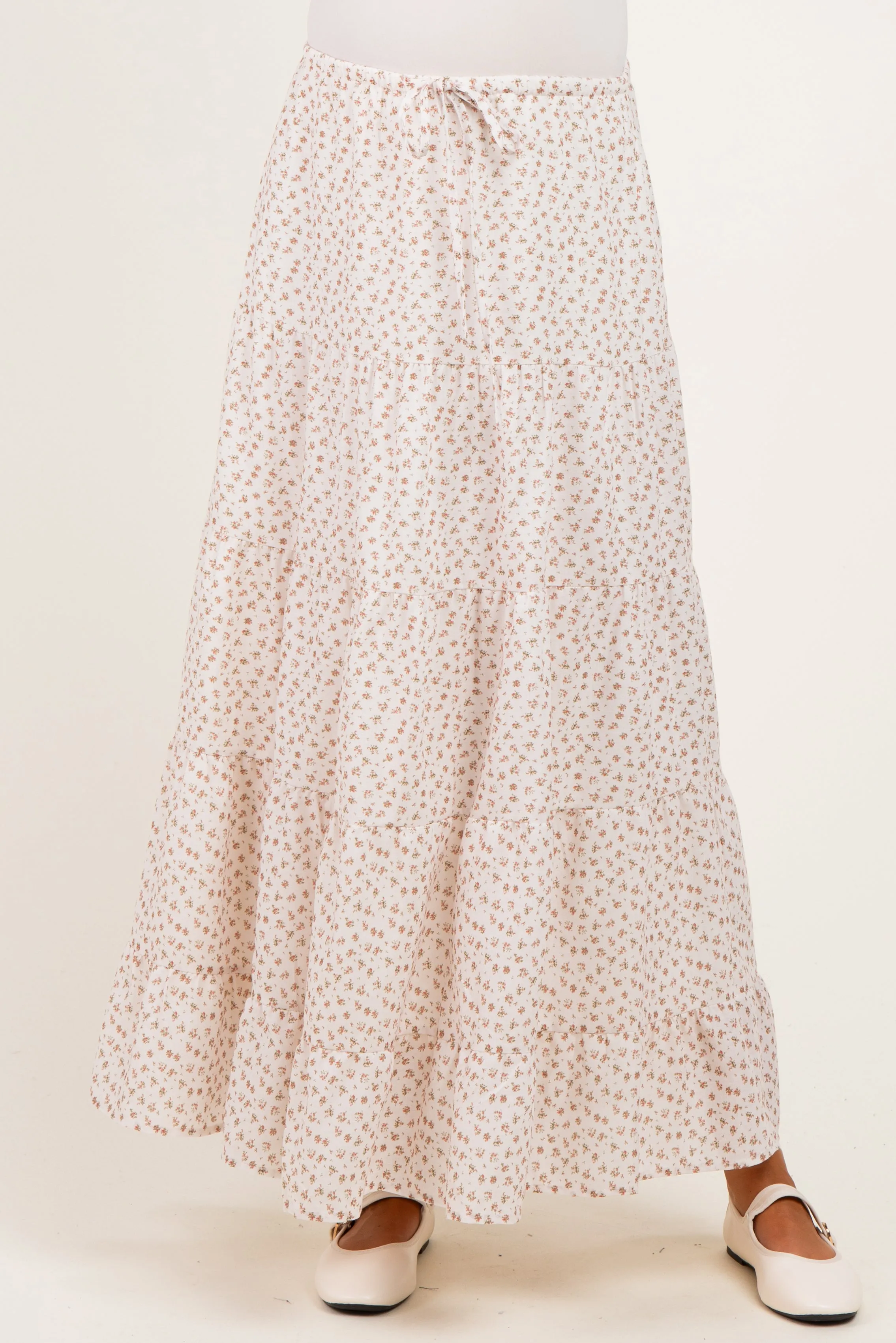 Cream Floral Drawstring Tiered Maternity Maxi Skirt sold by Pinkblush product image thumbnail 2