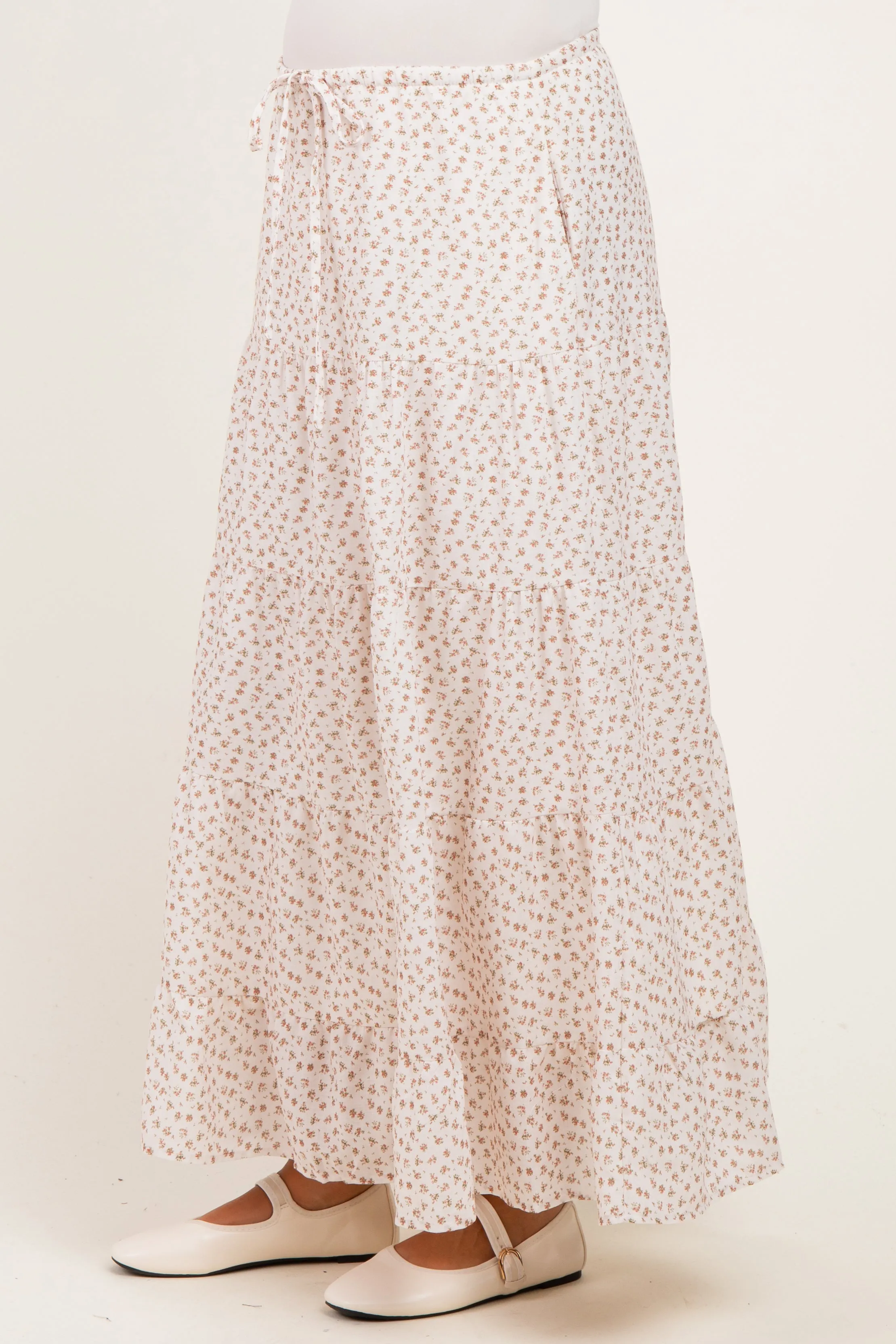 Cream Floral Drawstring Tiered Maternity Maxi Skirt sold by Pinkblush product image thumbnail 3