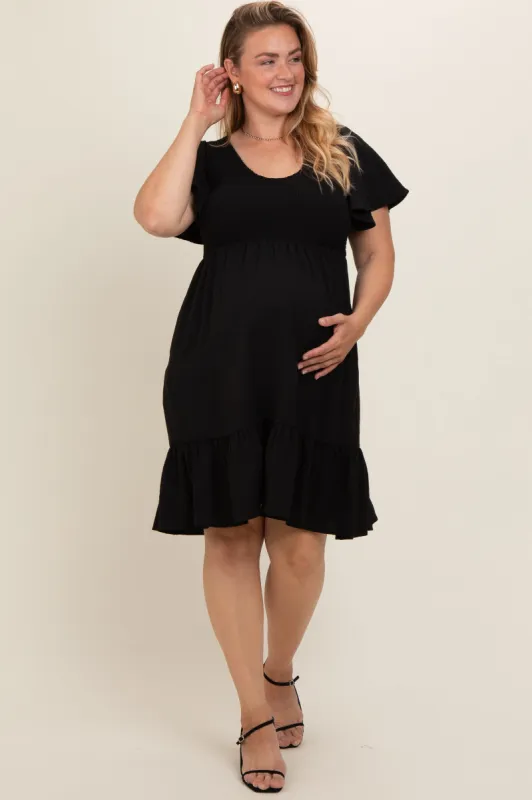 Black Smocked Ruffle Hem Maternity Plus Dress sold by Pinkblush