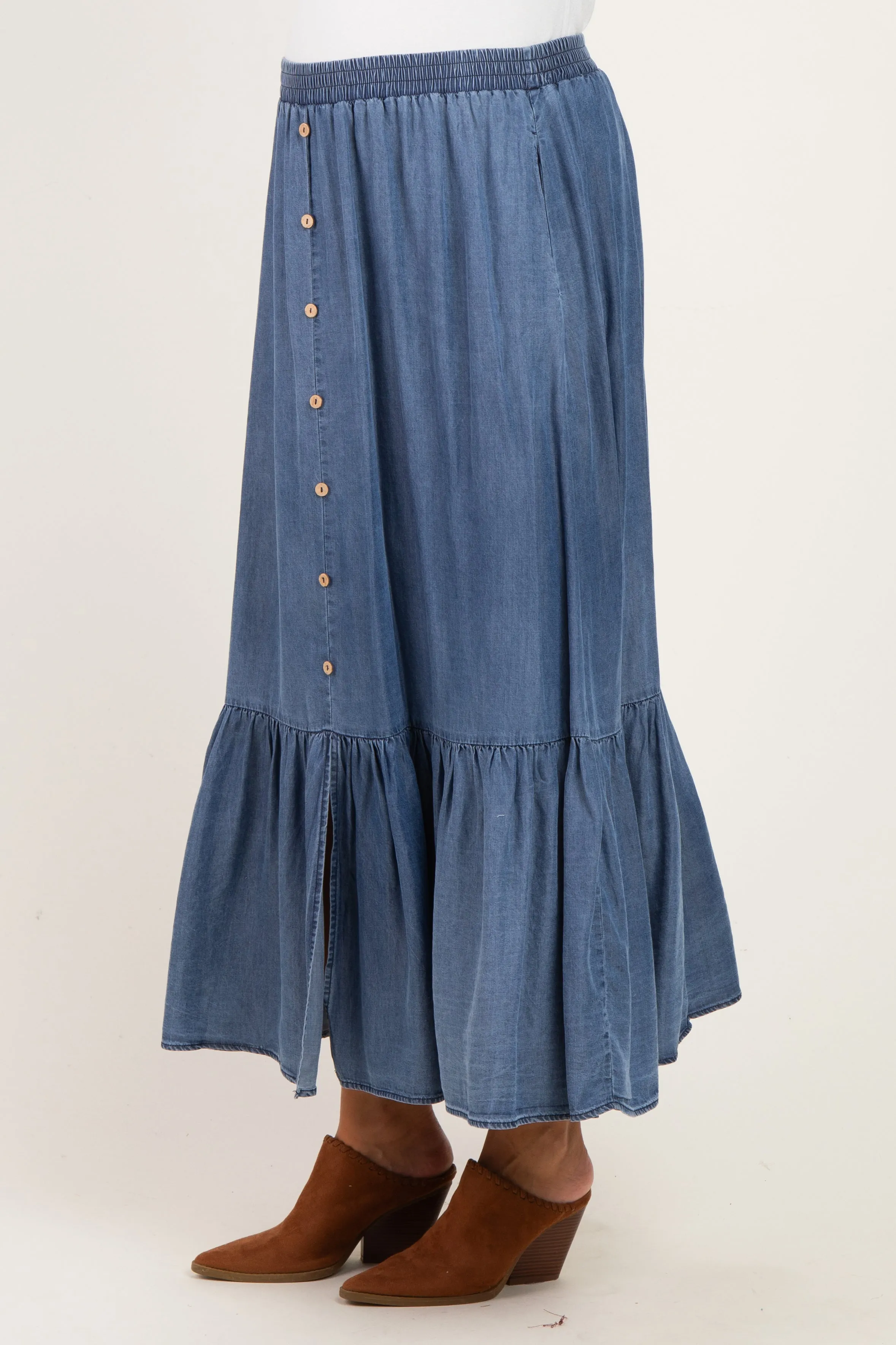Denim Chambray Medium Wash Tiered Maternity Maxi Skirt sold by Pinkblush product image thumbnail 3