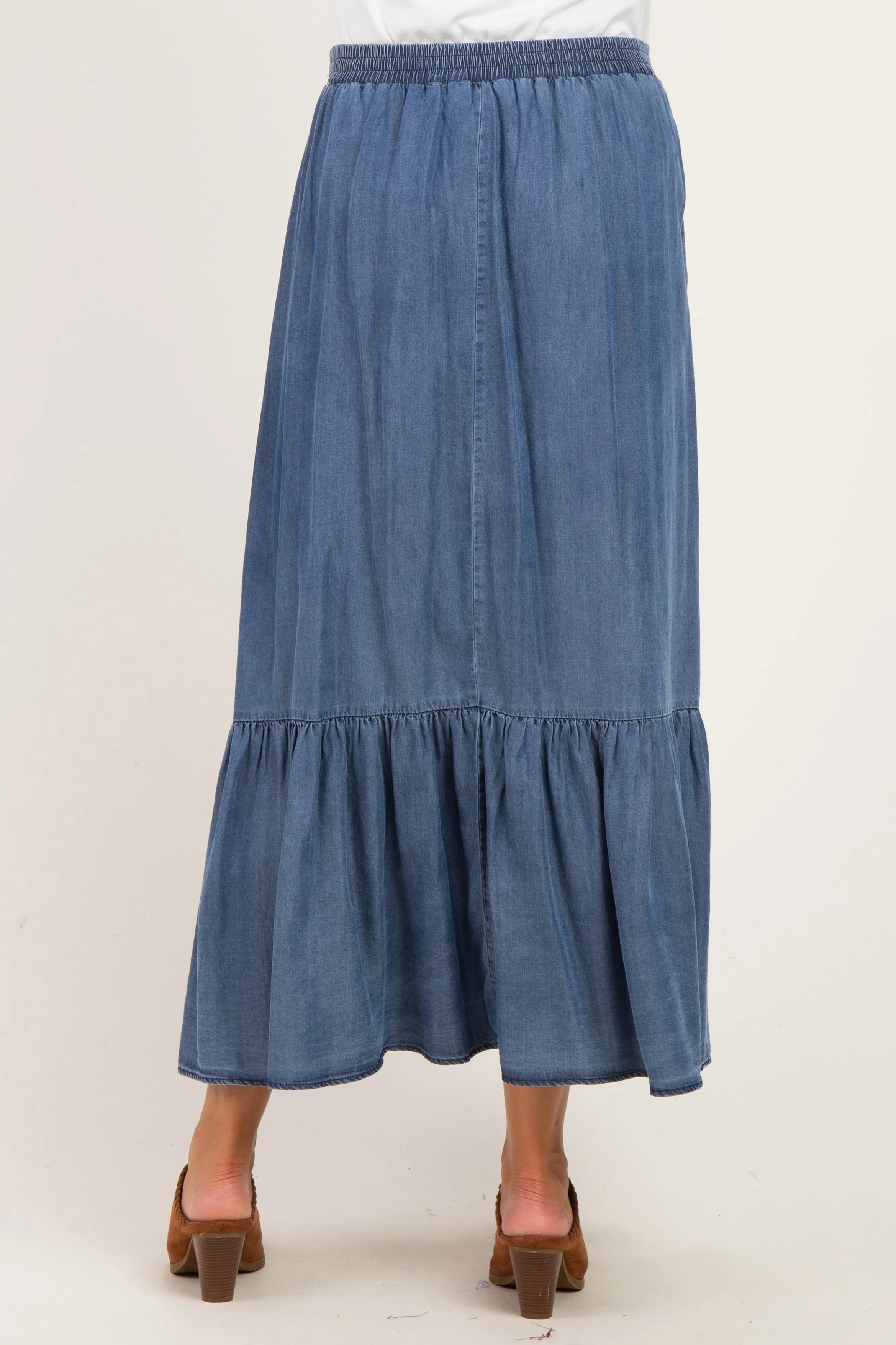 Denim Chambray Medium Wash Tiered Maternity Maxi Skirt sold by Pinkblush product image thumbnail 4