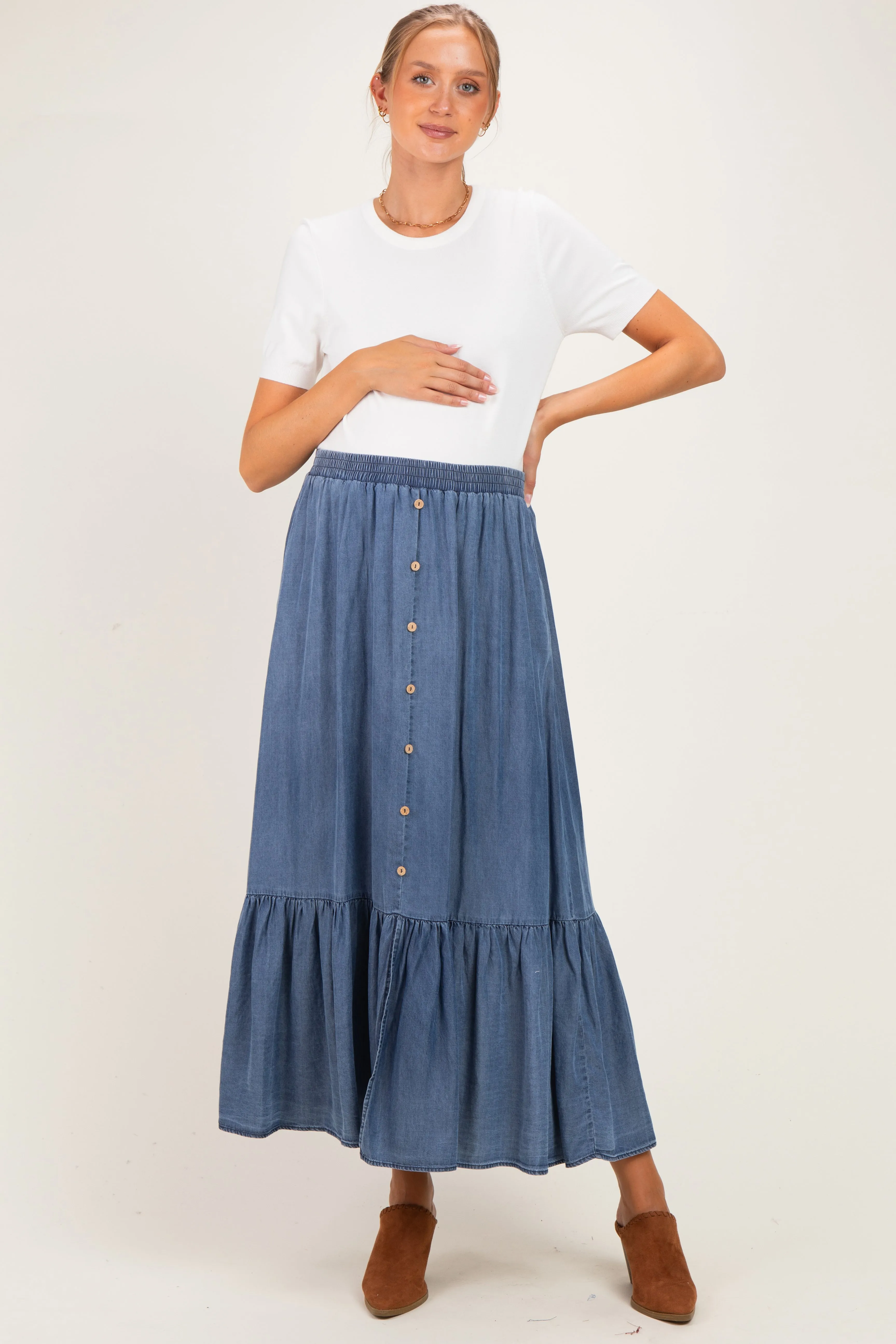 Denim Chambray Medium Wash Tiered Maternity Maxi Skirt sold by Pinkblush