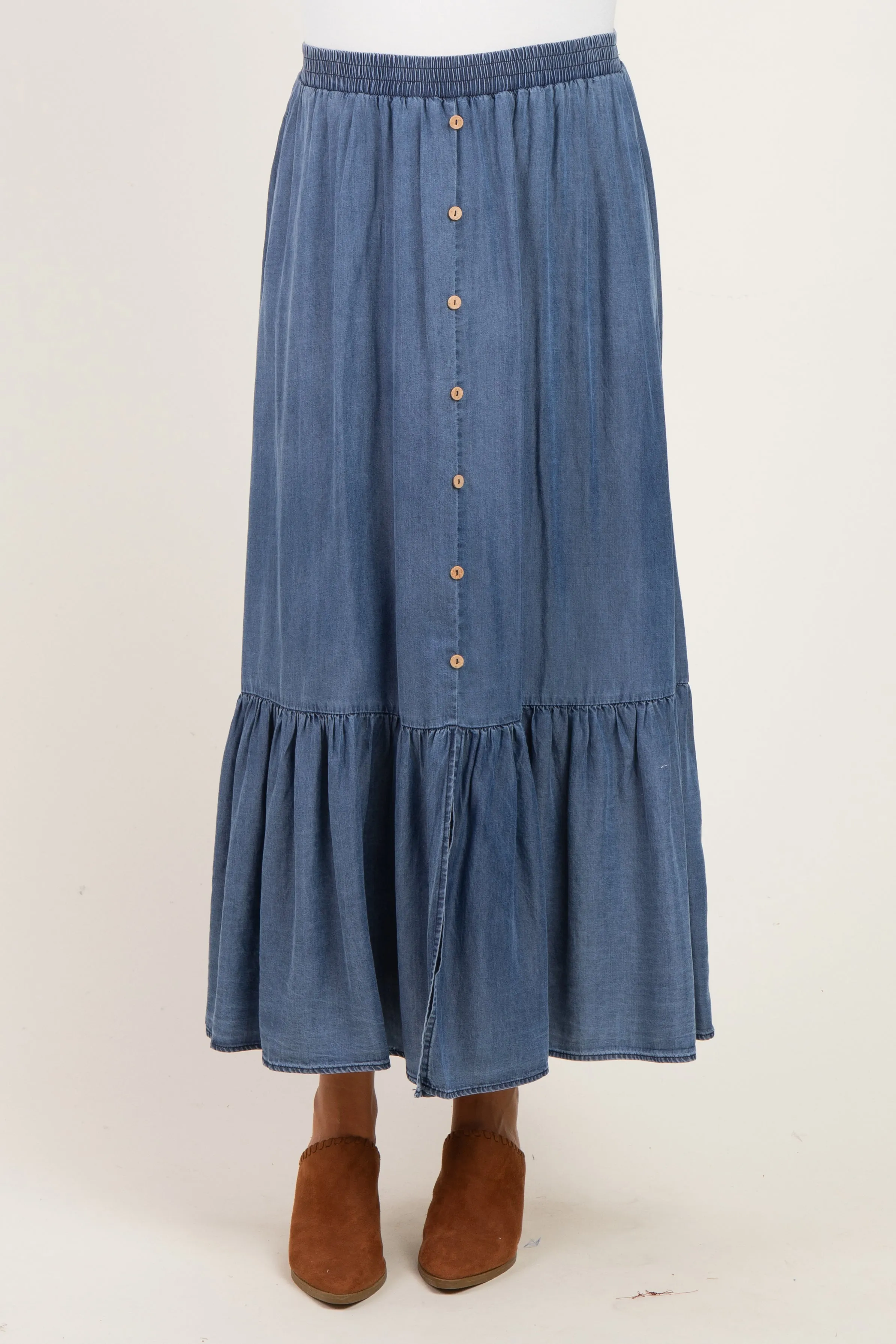 Denim Chambray Medium Wash Tiered Maternity Maxi Skirt sold by Pinkblush product image thumbnail 2