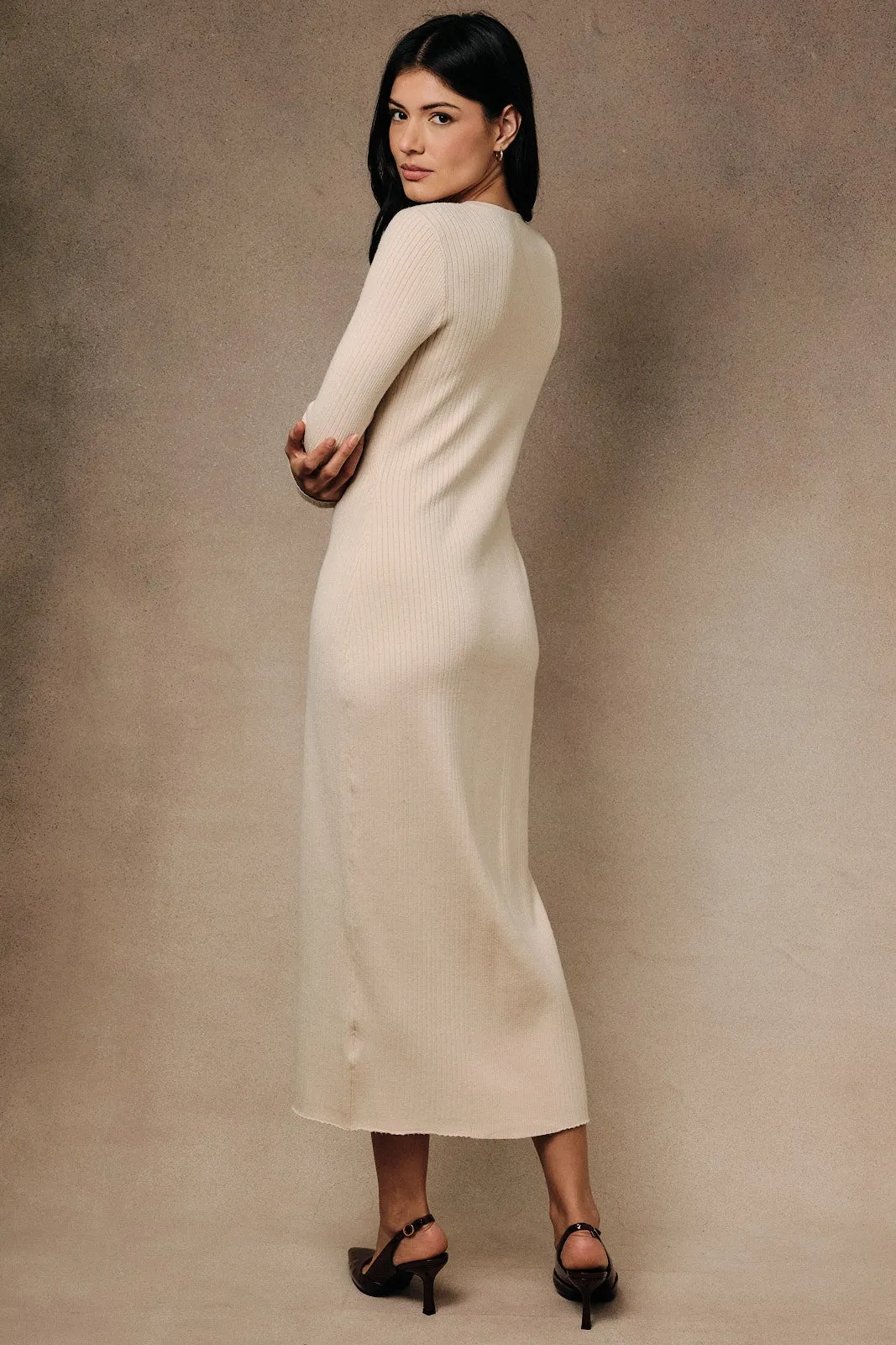 Cream Ribbed Long Sleeve Button Down Midi Dress sold by Pinkblush product image thumbnail 3
