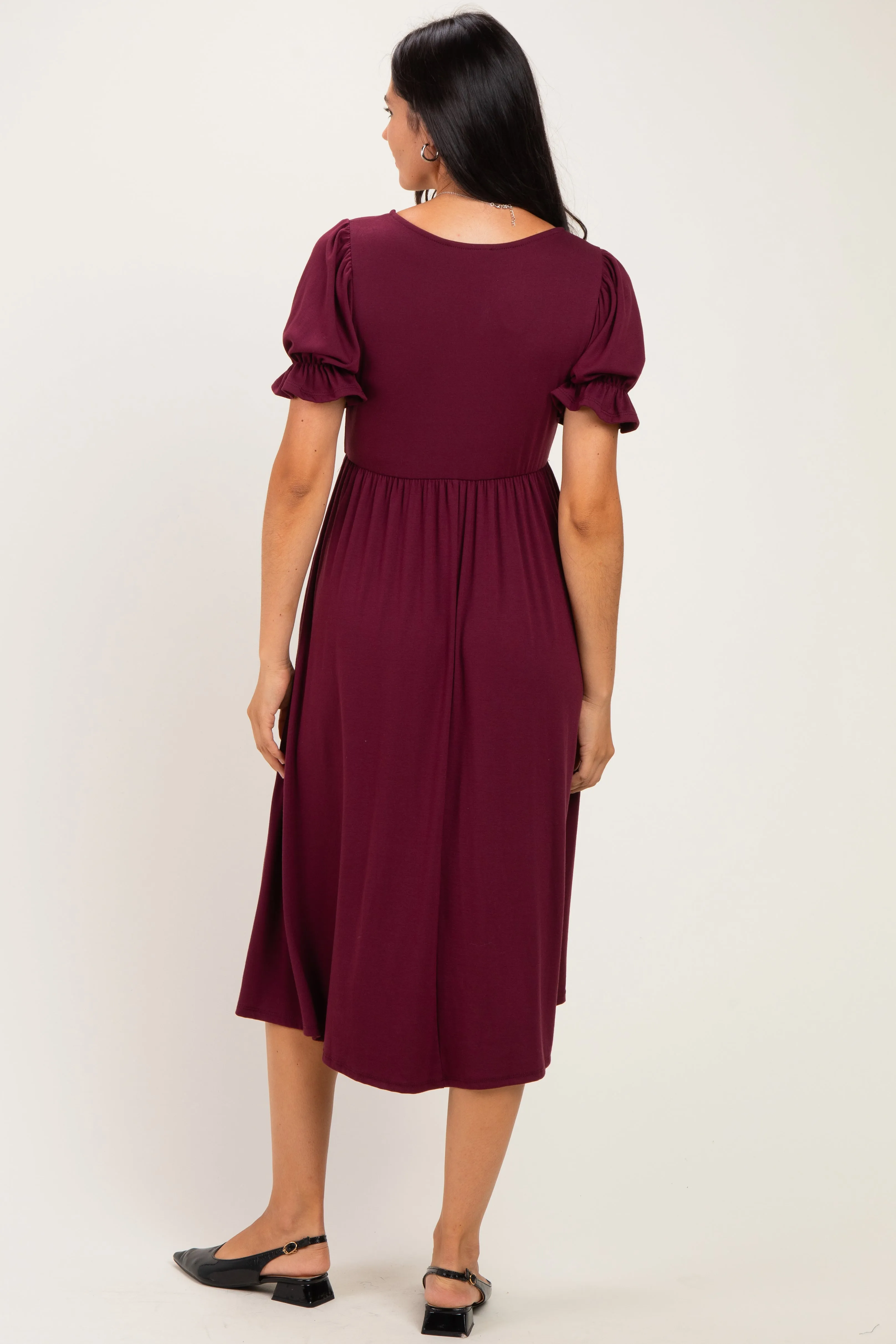 Burgundy Button Front Short Ruffle Sleeve Midi Dress sold by Pinkblush product image thumbnail 3