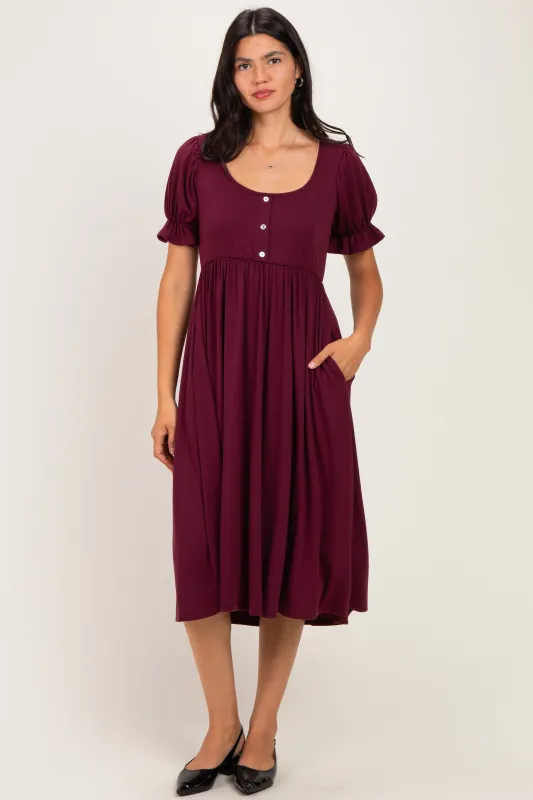 Burgundy Button Front Short Ruffle Sleeve Midi Dress made by Pinkblush