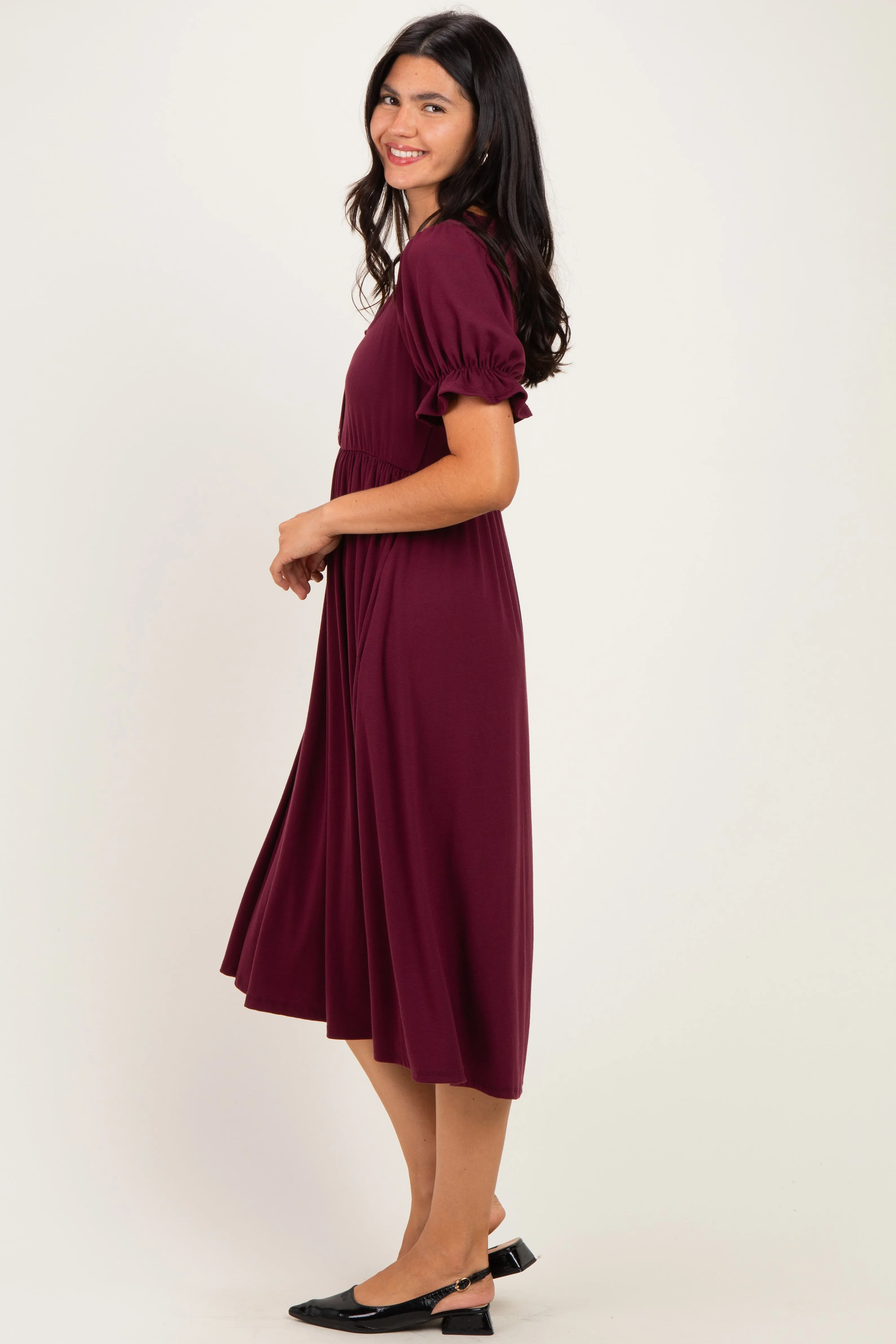 Burgundy Button Front Short Ruffle Sleeve Midi Dress sold by Pinkblush product image thumbnail 2