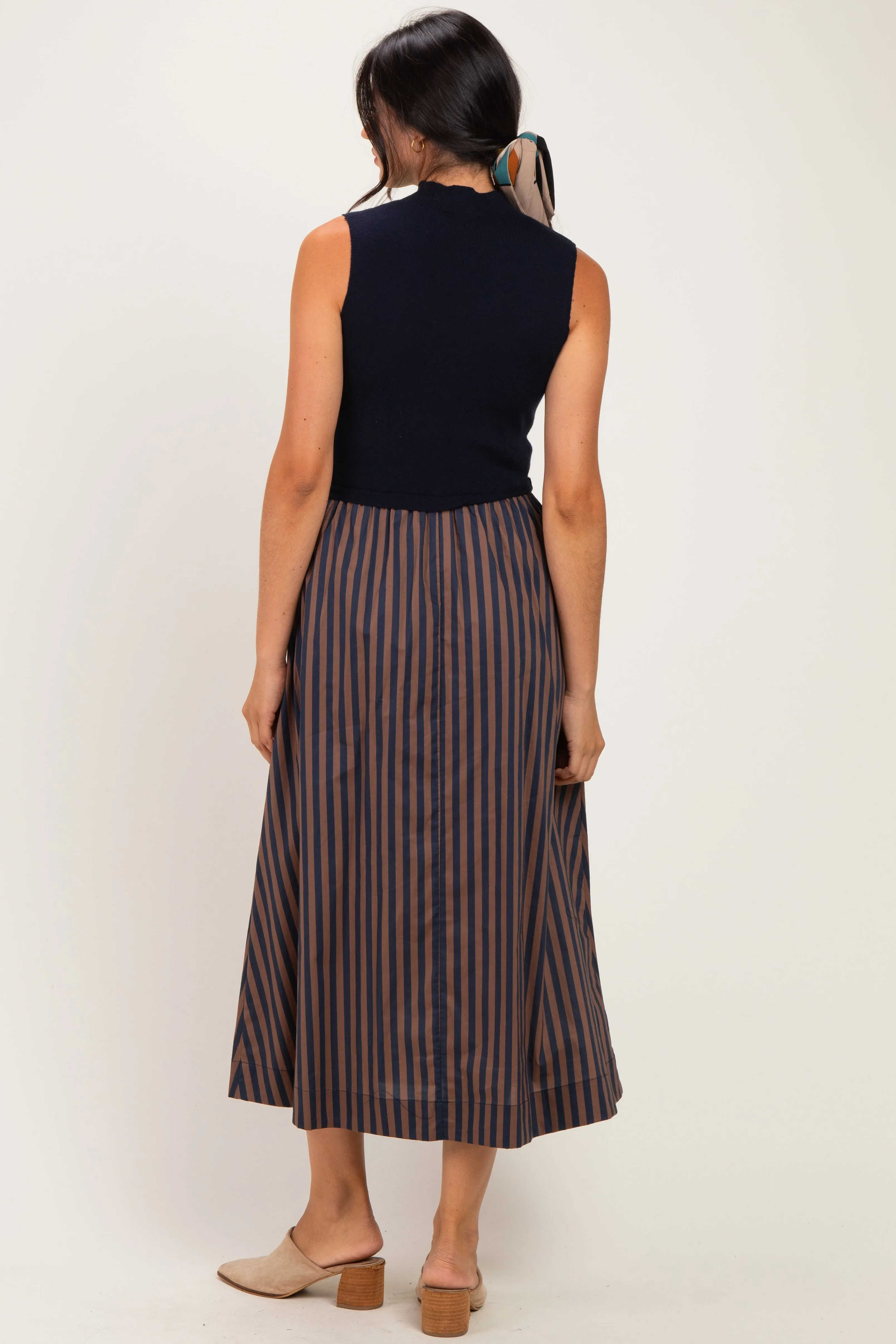 Navy Sleeveless Mock Neck Contrast Striped Skirt Midi Dress sold by Pinkblush product image thumbnail 3