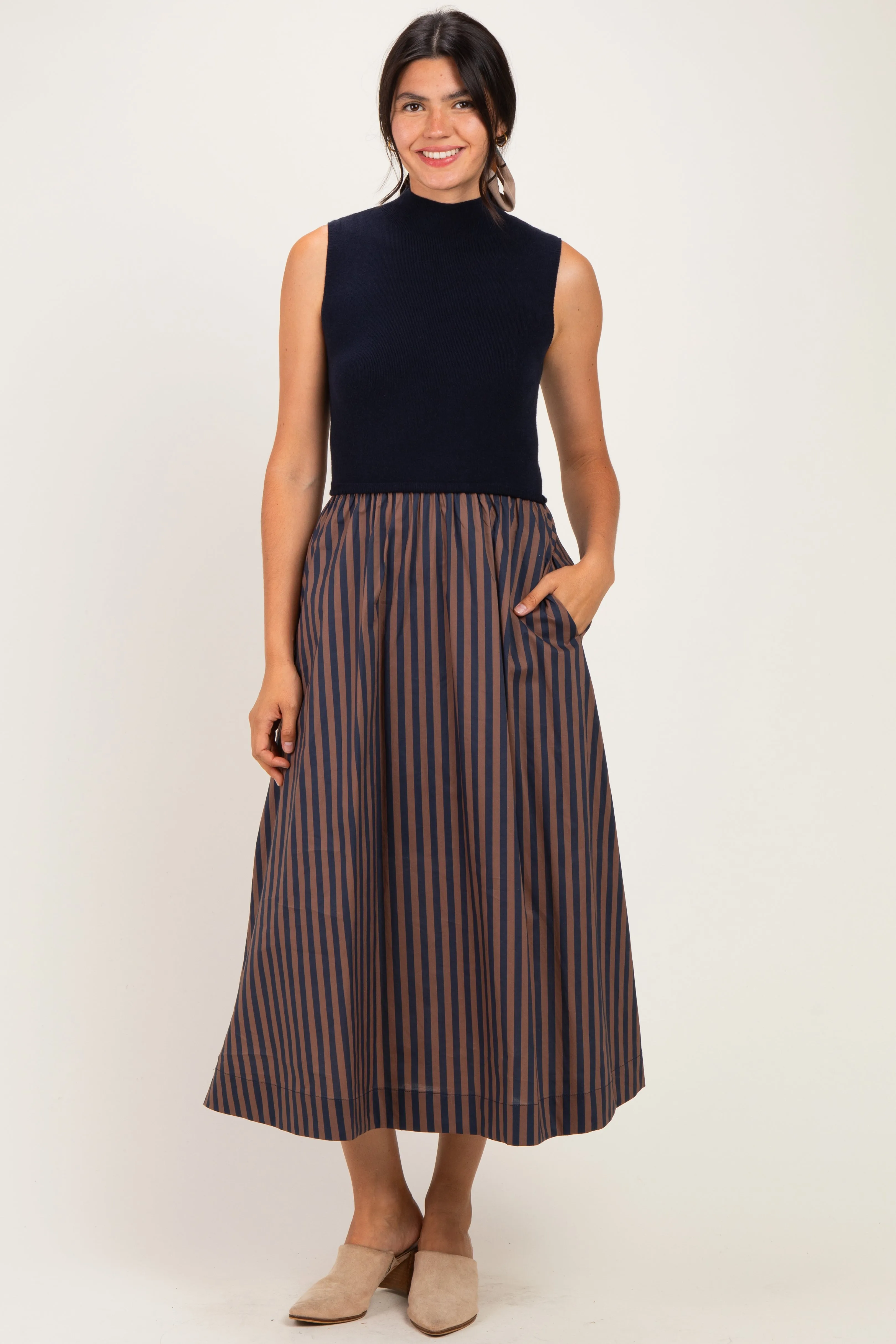 Navy Sleeveless Mock Neck Contrast Striped Skirt Midi Dress sold by Pinkblush