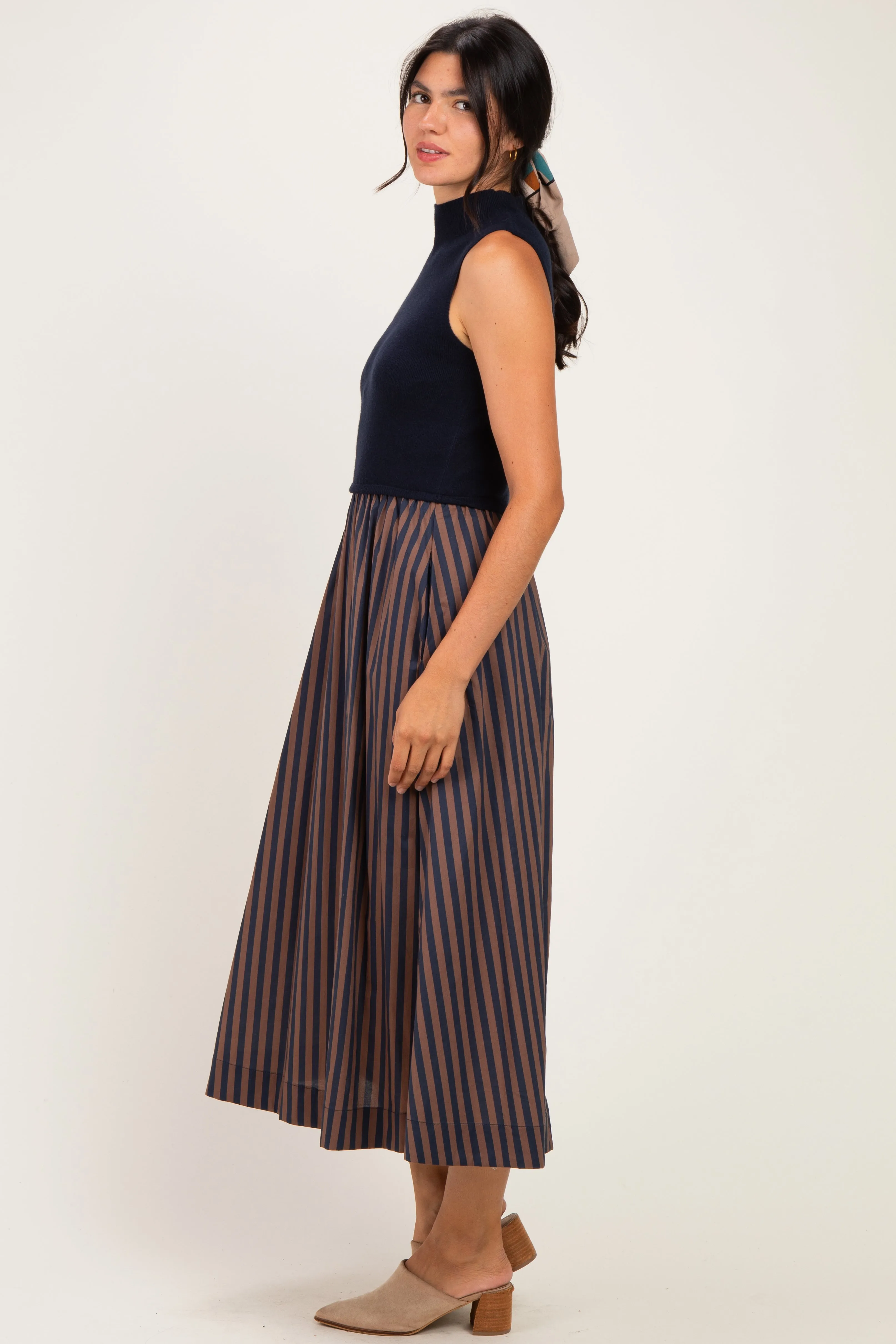 Navy Sleeveless Mock Neck Contrast Striped Skirt Midi Dress sold by Pinkblush product image thumbnail 2
