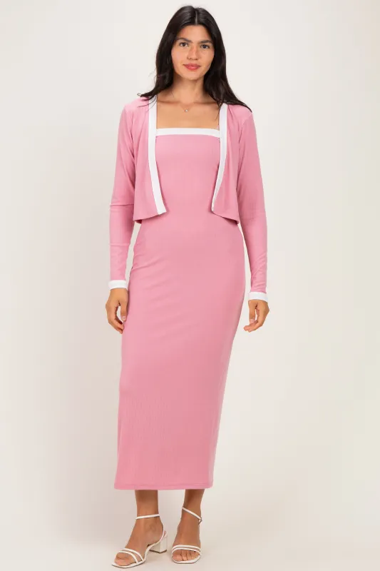Mauve/ Cream Color Block Sleeveless Fitted Dress Cardigan Set made by Pinkblush