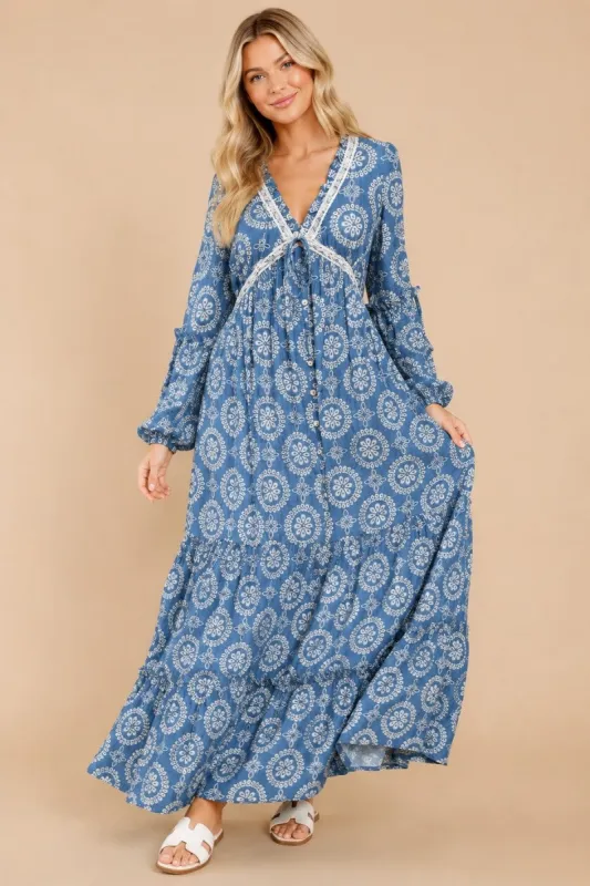 Dusty Blue Floral Lace Trim Maxi Dress made by Jnna